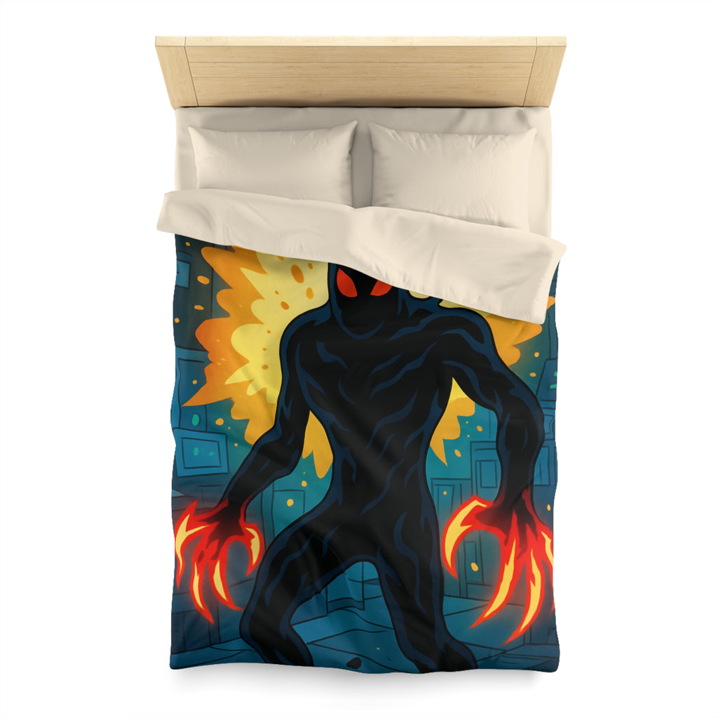 Housse de couette sombre avec créature enflammée aux griffes lumineuses