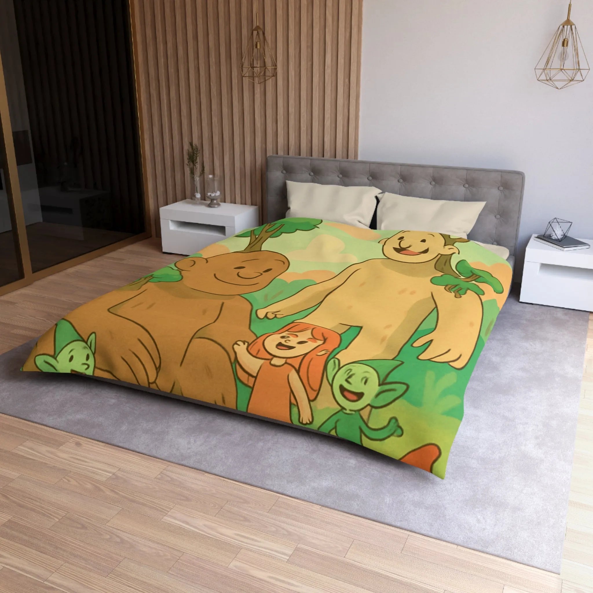 Housse de couette fantastique avec géants arborés et lutins dans une forêt enchantée