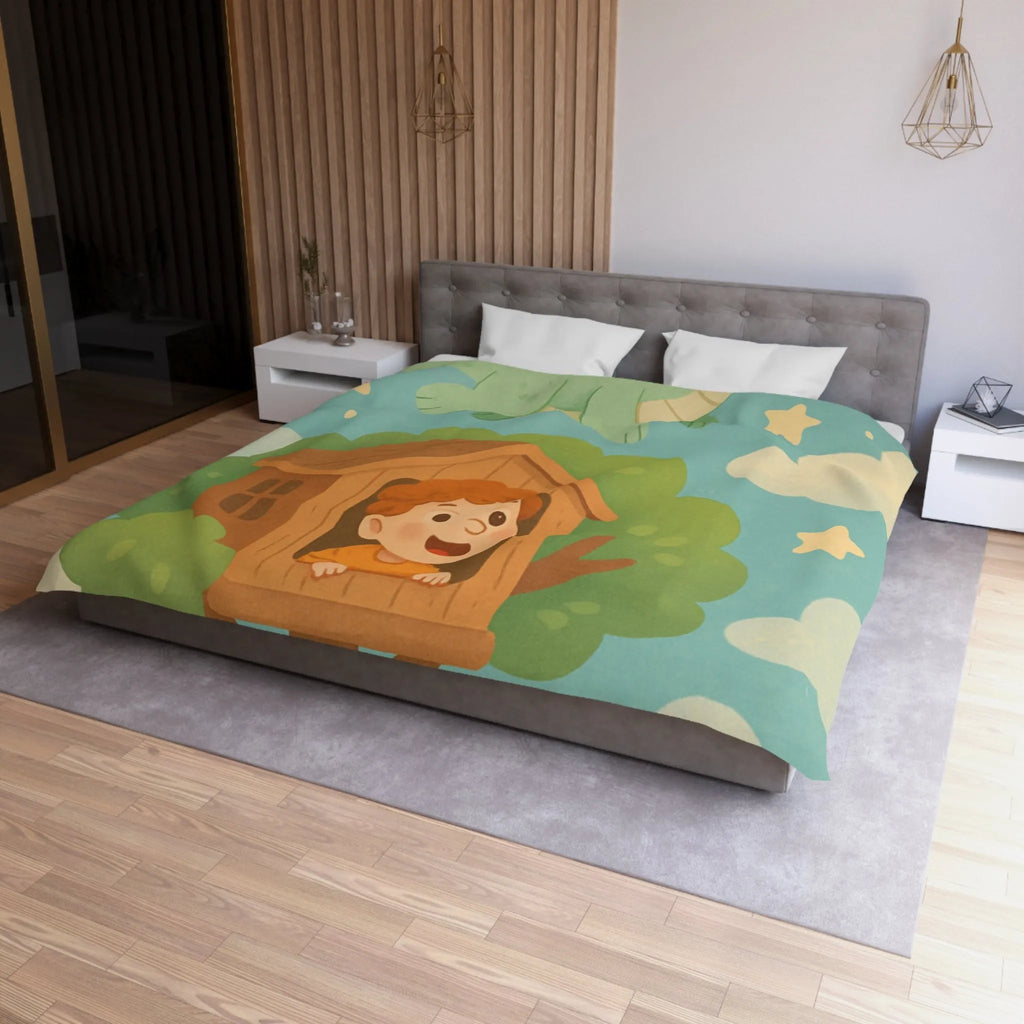 Housse de Couette Enfant Colorée avec Dragon, Maisonnette Arbre et Étoiles Féeriques