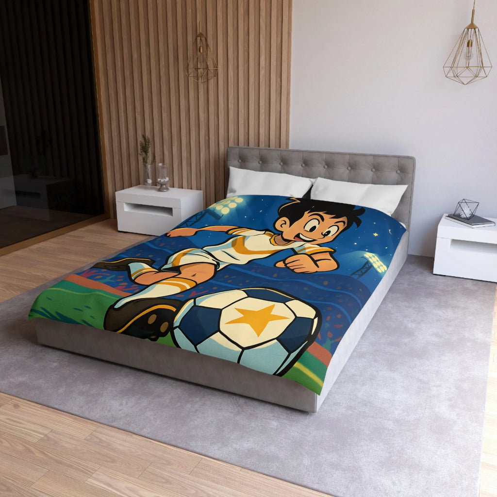 Housse de couette enfant avec joueur de foot stylisé sous ciel étoilé vibrant