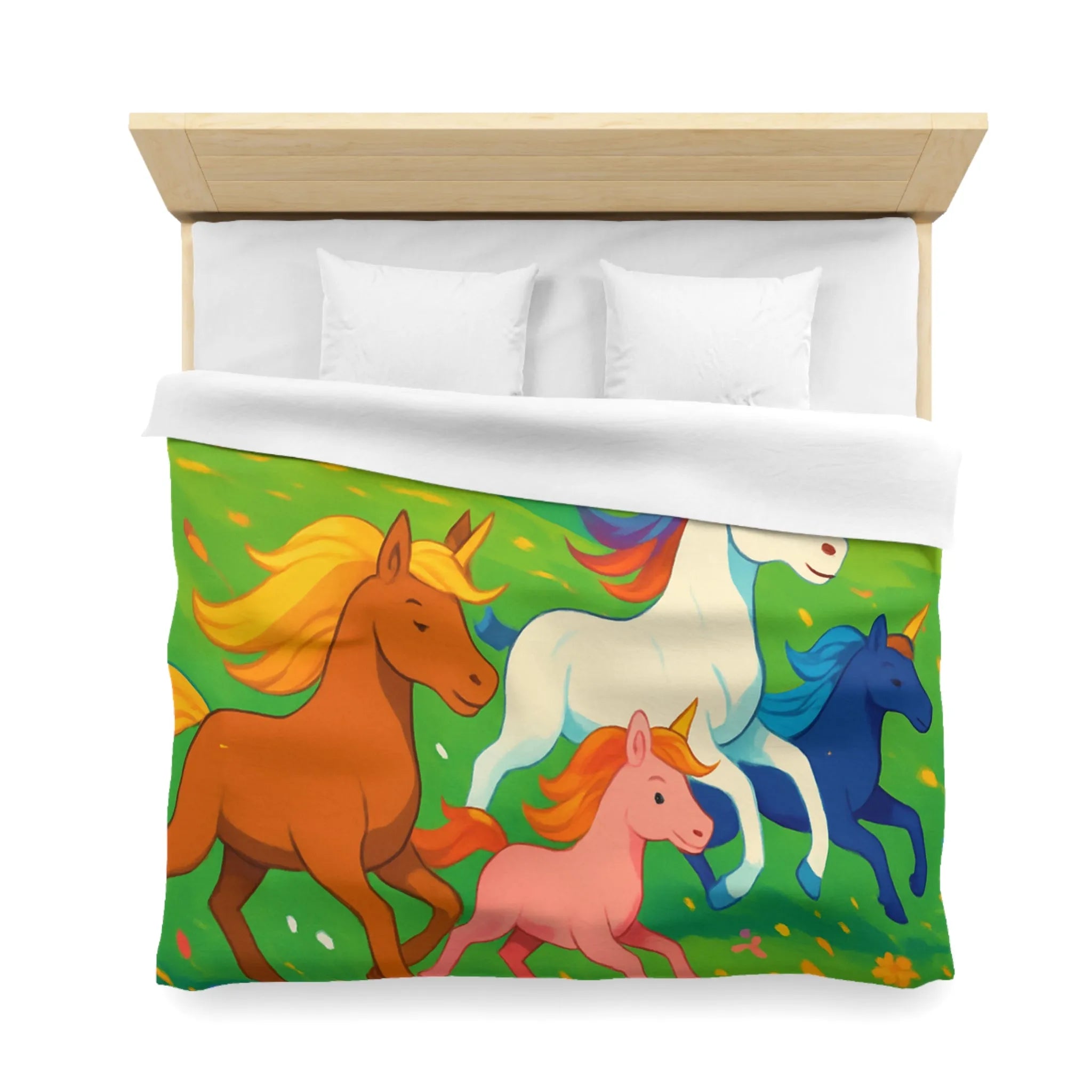 Housse de couette colorée avec prairies luxuriantes et chevaux arc-en-ciel en galop