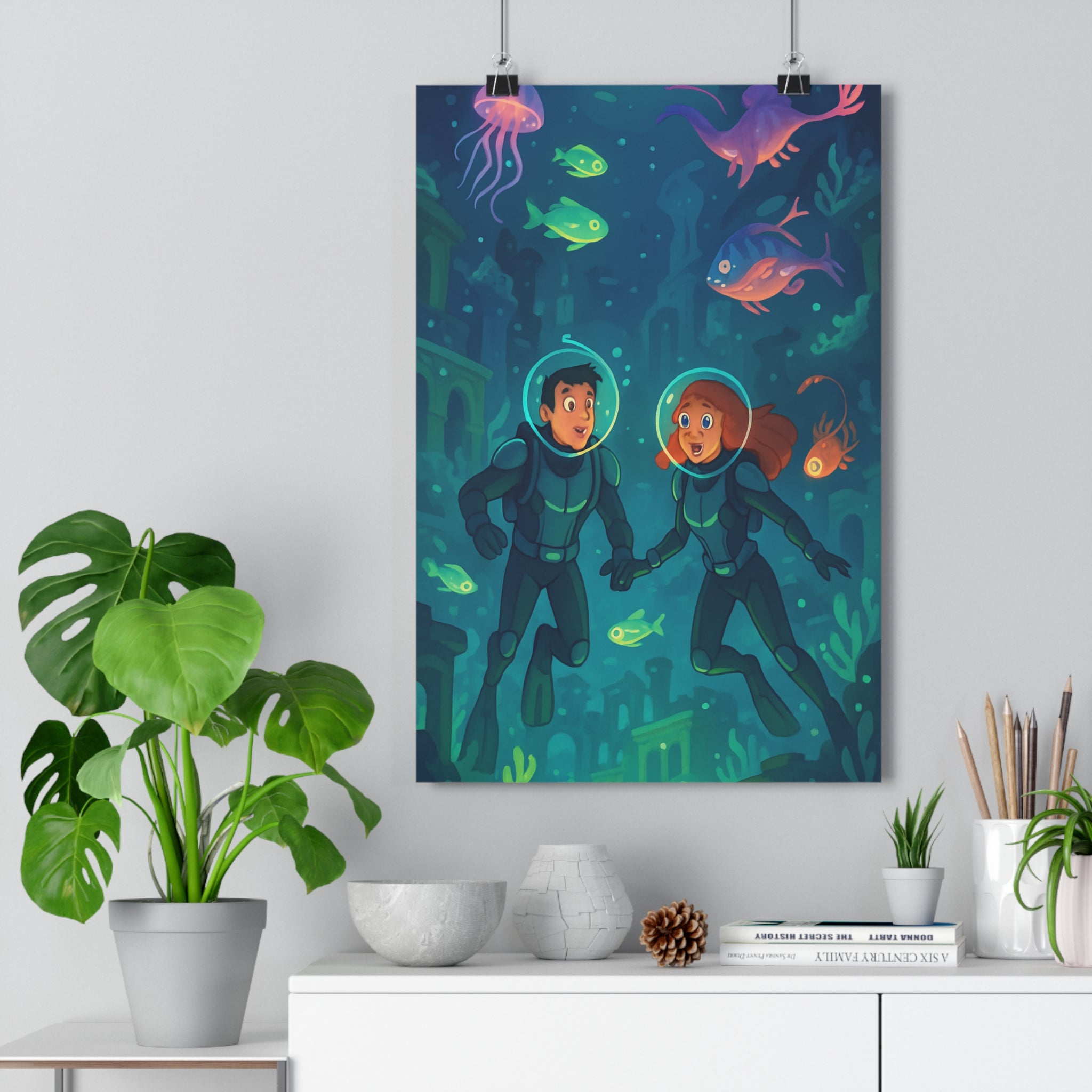 Poster décoratif animé bleu vert explorateurs aventure sousmarin enfant chambre magique poissons méduse qualité