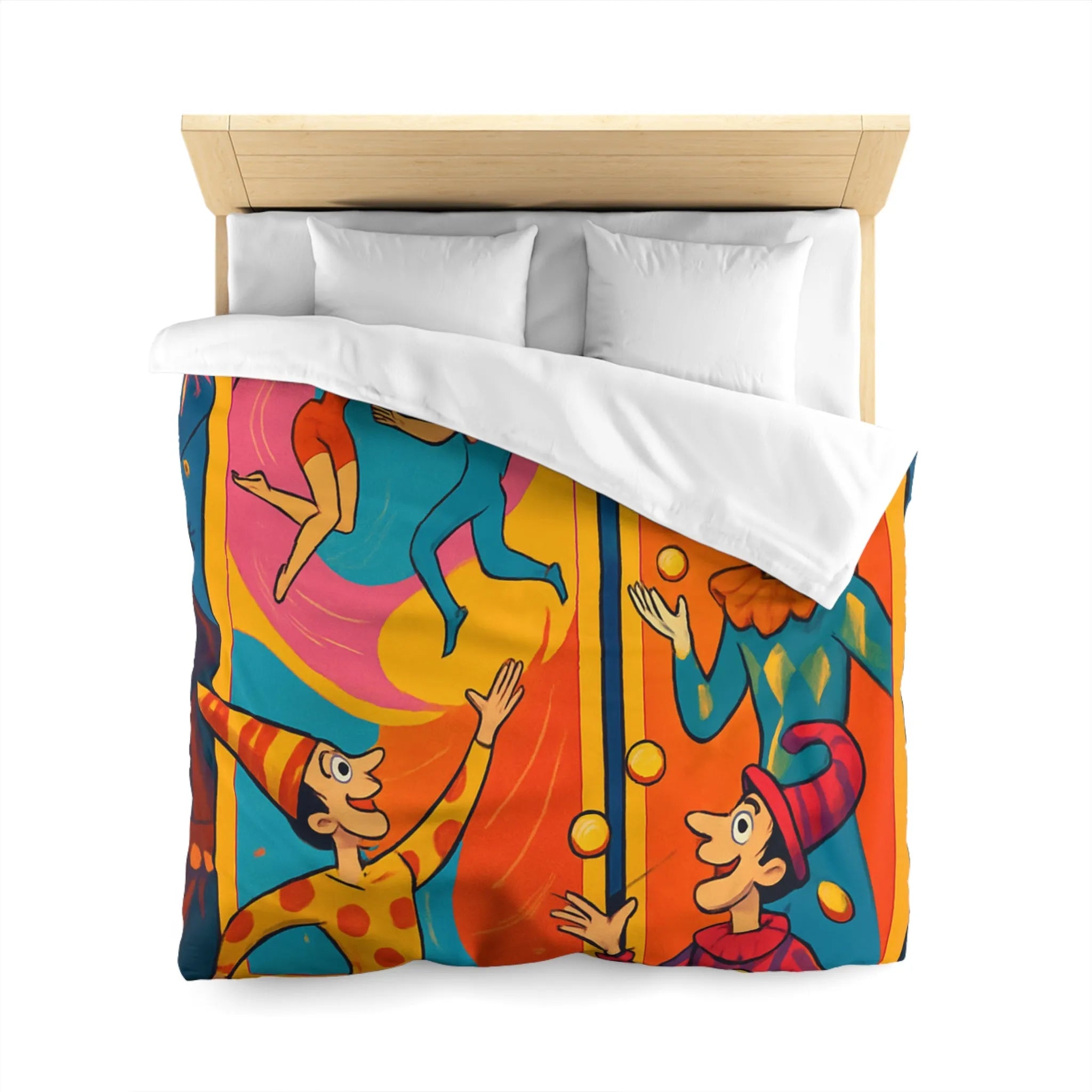 Housse de couette colorée avec jongleurs et acrobates, ambiance festive et joyeuse