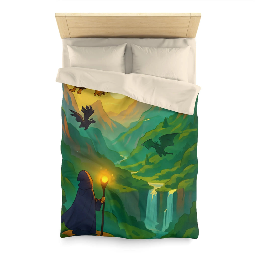 Épopée fantastique avec dragon et sorcier dans vallée mystique pour chambre aventureuse