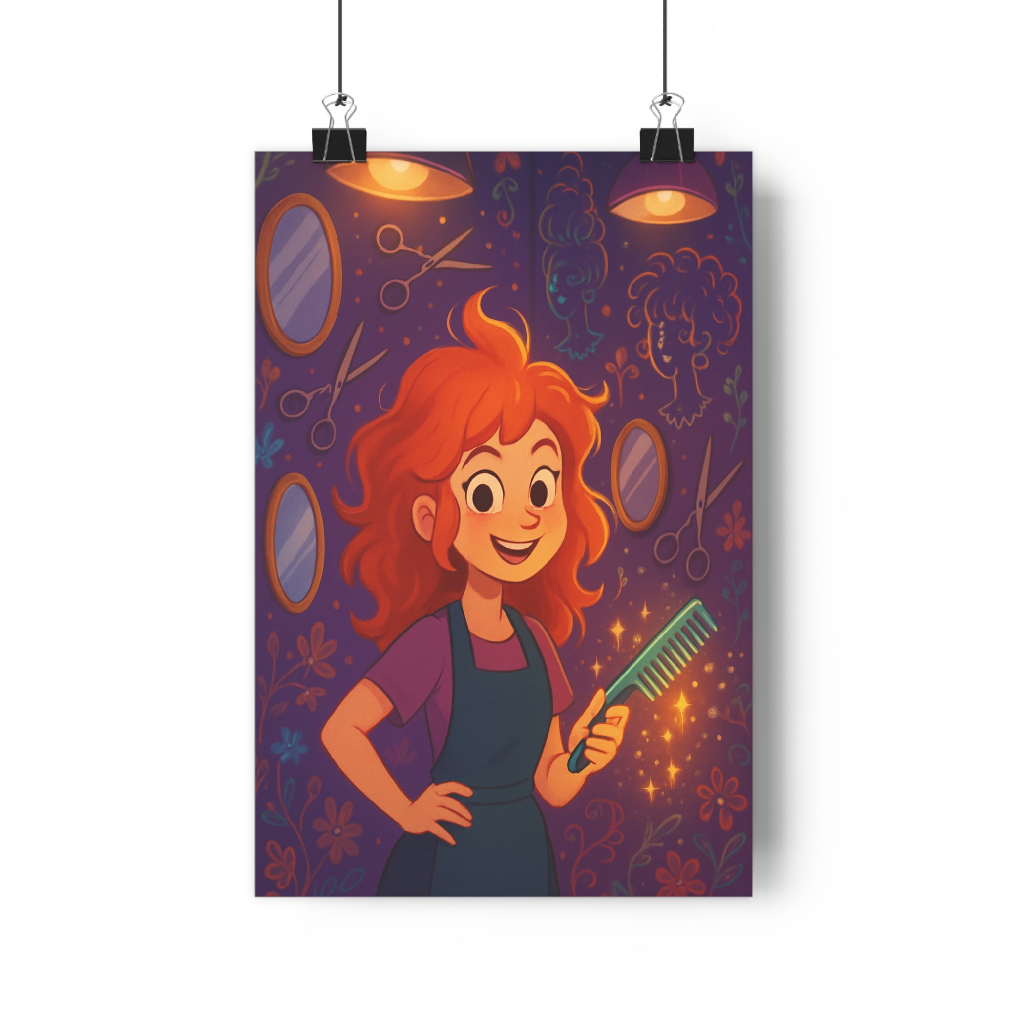 Poster décoratif violet orange cartoon fantaisie magique salon coiffeuse motif floral ambiance chaleureuse enchantée