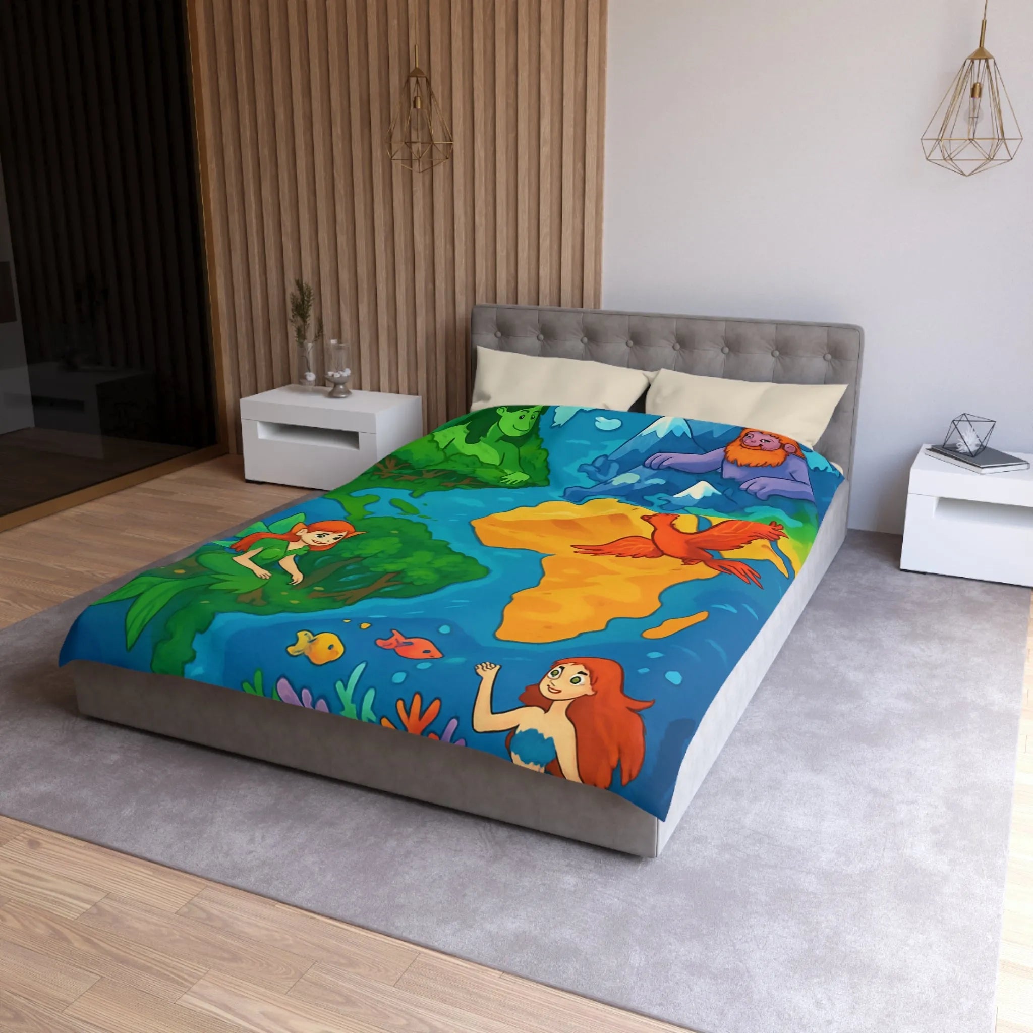 Housse de couette fantastique colorée avec créatures élémentaires de la terre, de l'air et de l'eau