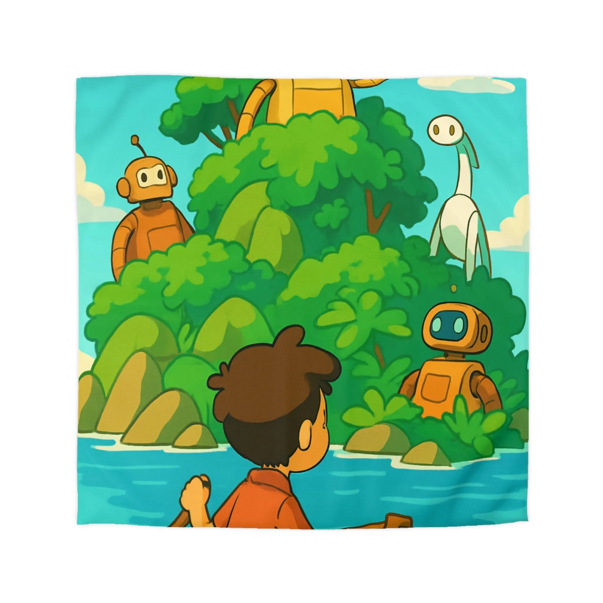 Housse de couette avec robots ludiques et enfant en bateau sur lac serein