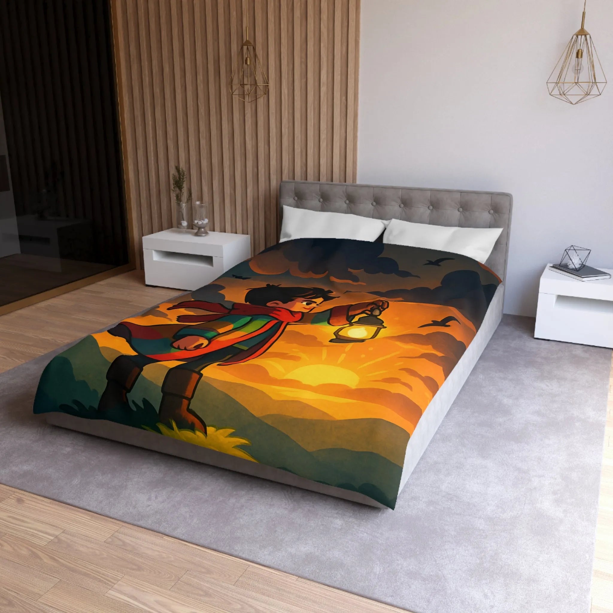 Housse de couette avec illustration enfantine colorée : garçon, lanterne, ciel dramatique