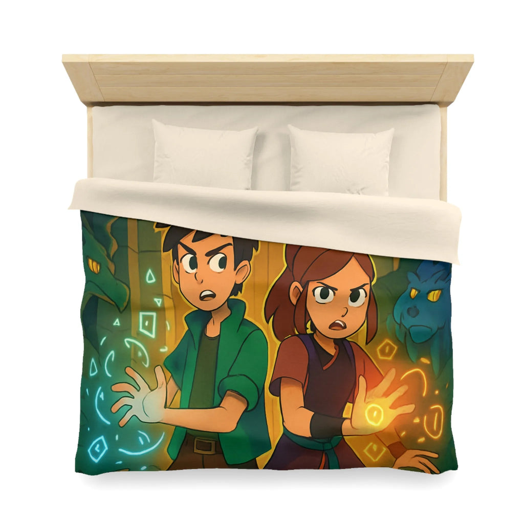Housse de Couette Magique avec Enfants et Symboles Lumineux Devant un Portail Mystique