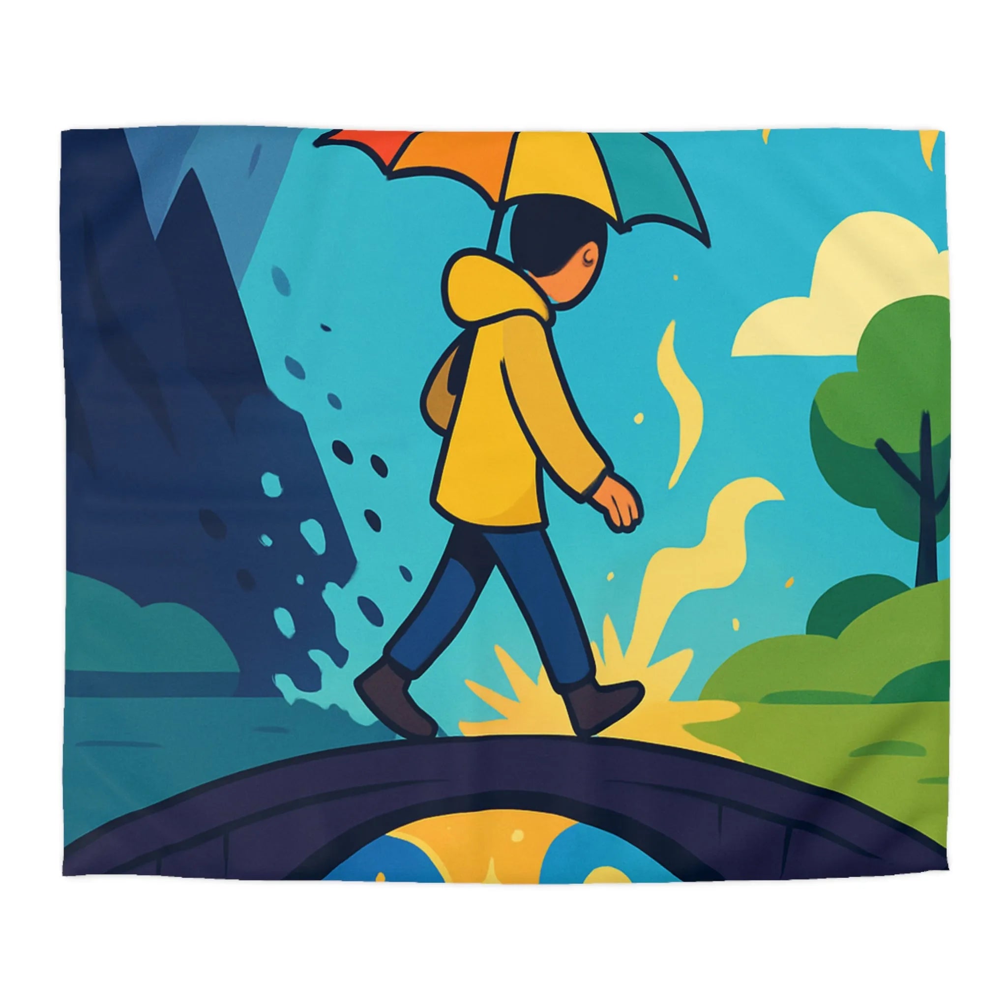 Housse de Couette Colorée avec Design de Personnage Sous Parapluie Multicolore