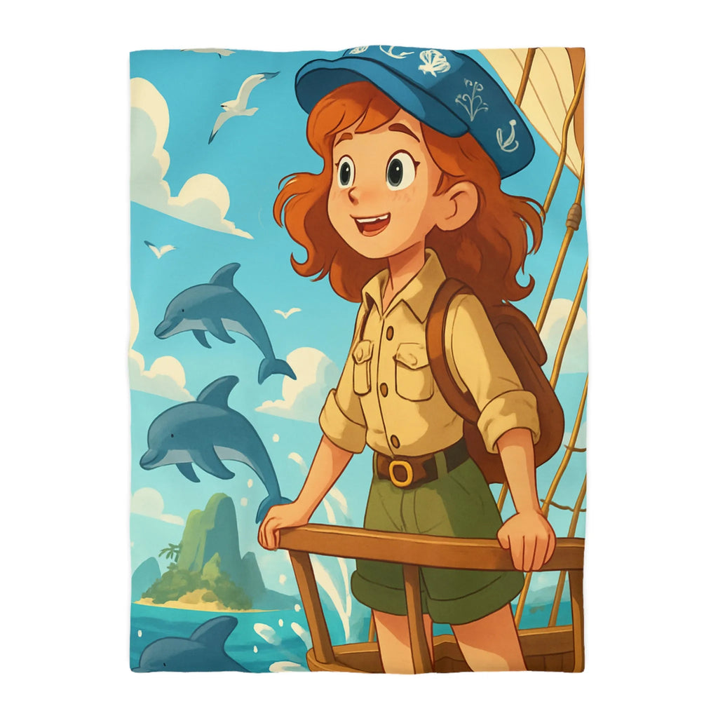 Housse de couette aventure nautique enfantine avec dauphins, voile et exploration marine animée