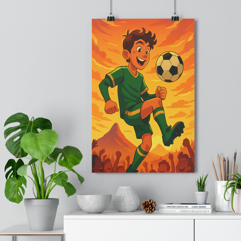 Poster décoratif animé orange jaune énergique joyeux enfant sport footballeur chambre style unique qualité