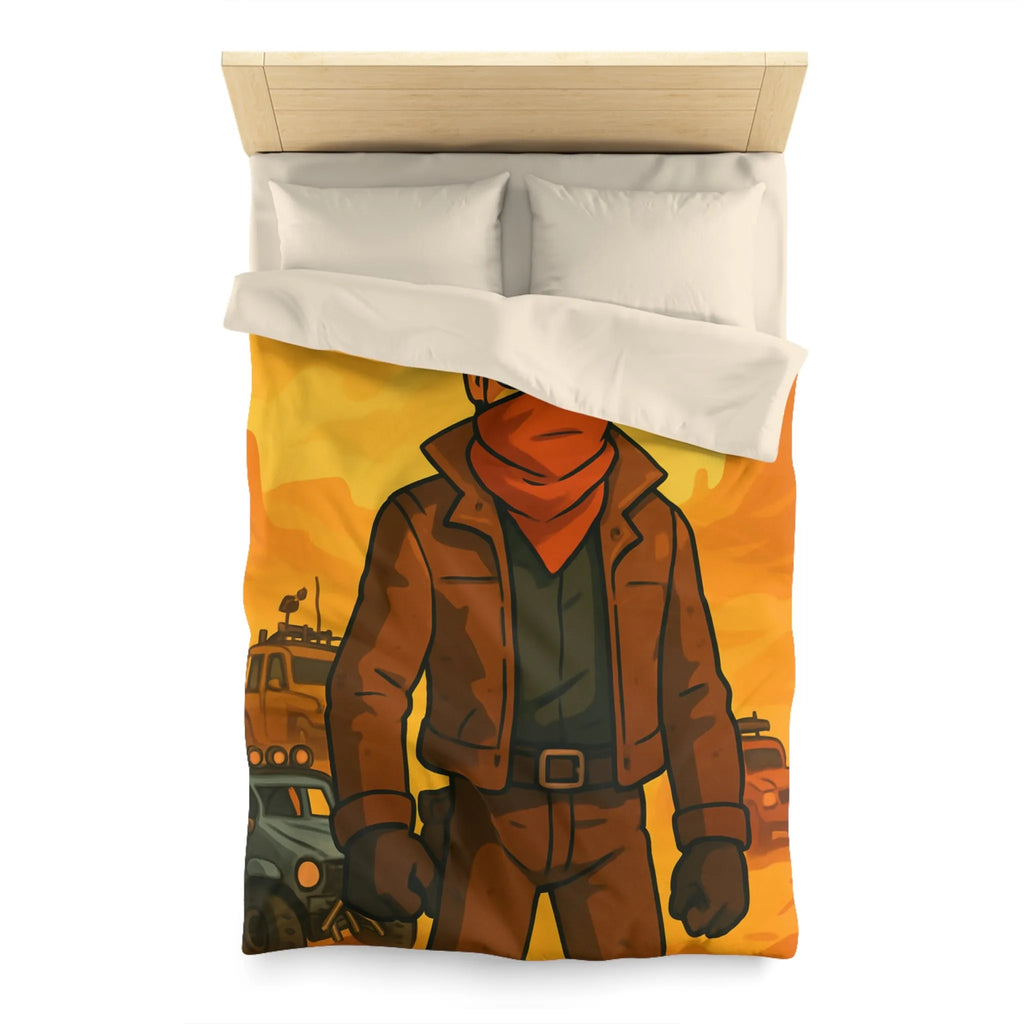 Housse de couette désert post-apocalyptique avec style bande dessinée et personnage héroïque