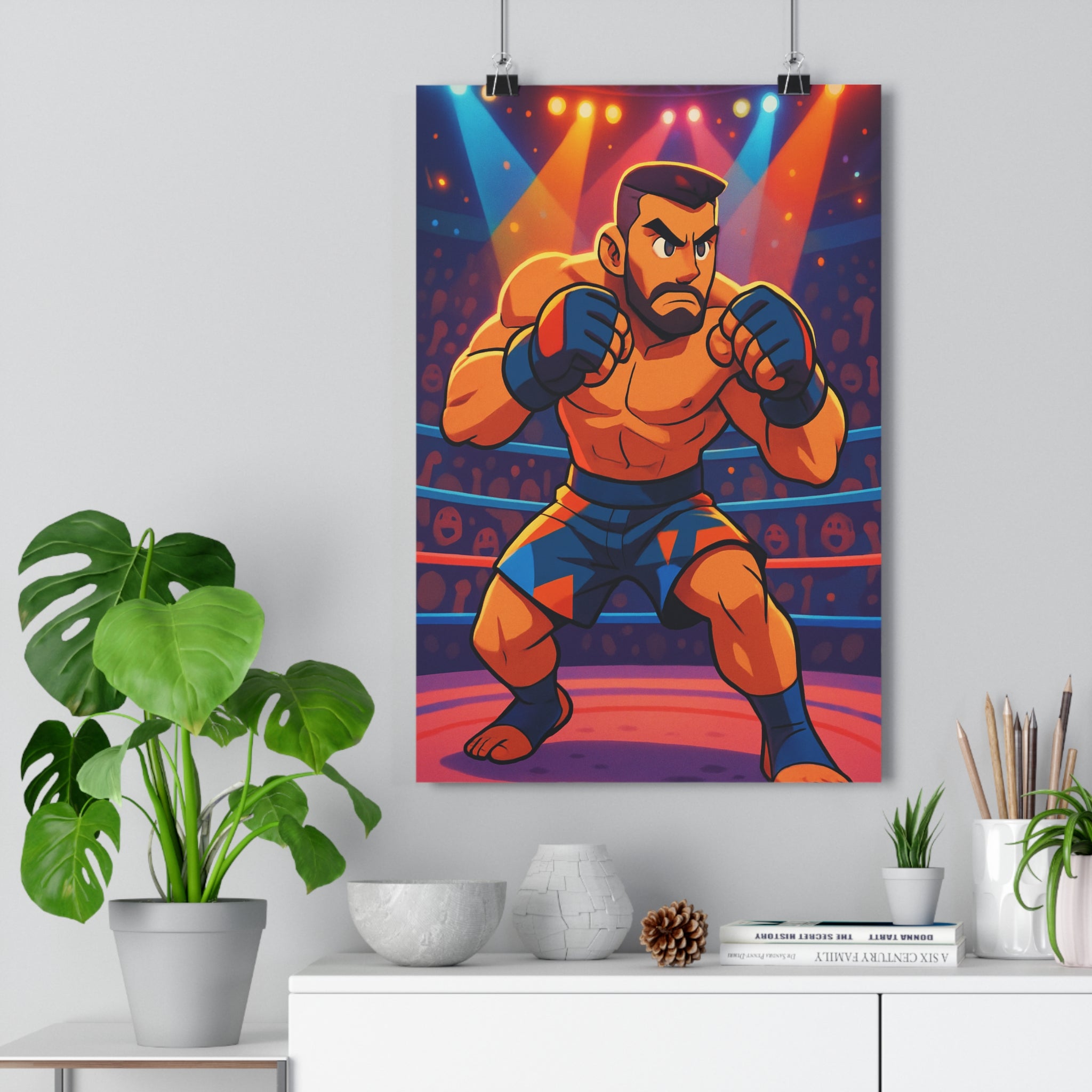 Poster décoratif animé athlète musclé dynamique bleu orange rouge chambre énergie électrique vibrant moderne