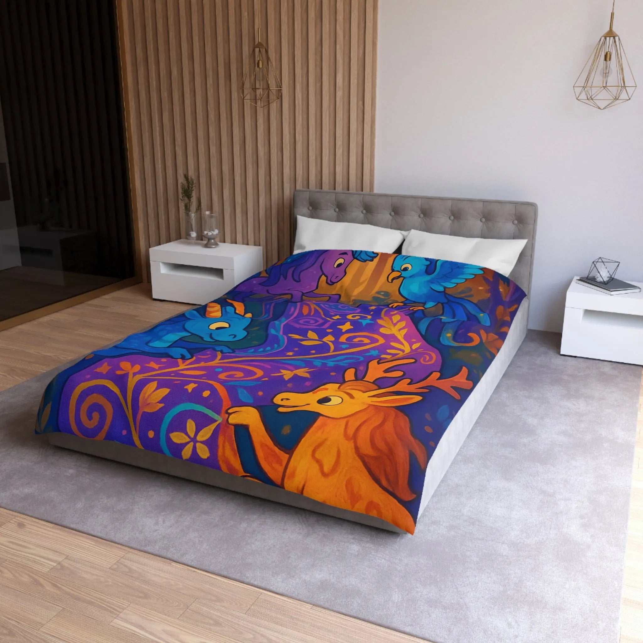 Housse de Couette Féérique Avec Créatures Magiques Colorées et Motif Floral Envoûtant