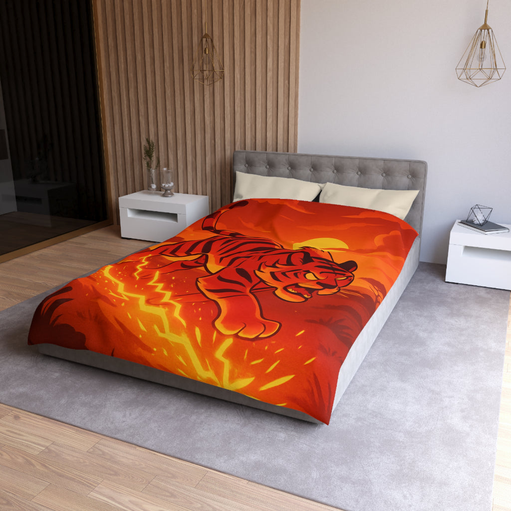 Housse de couette tigre dynamique avec coucher de soleil flamboyant en arrière-plan vibrant