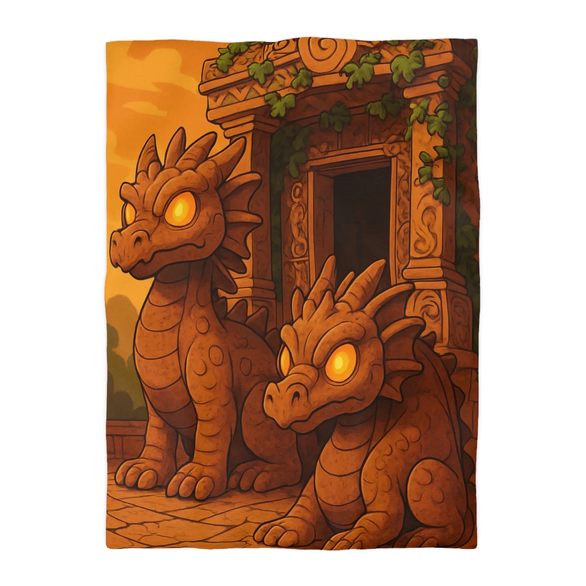 Housse de couette avec dragons en pierre ornant un temple ancien au crépuscule