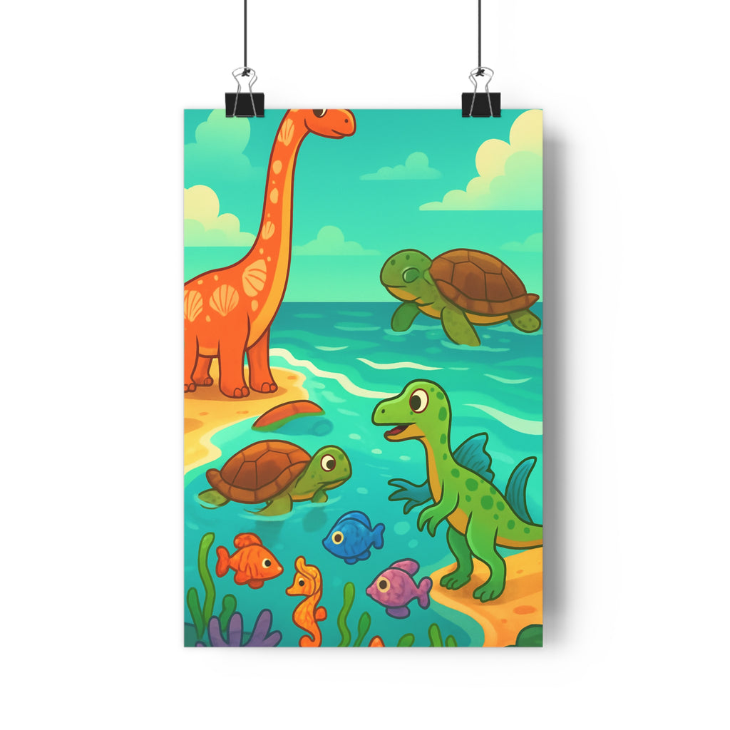Poster décoratif cartoon dinosaure orange turquoise vert joyeux enfant chambre créatif 30x46 amusant marin