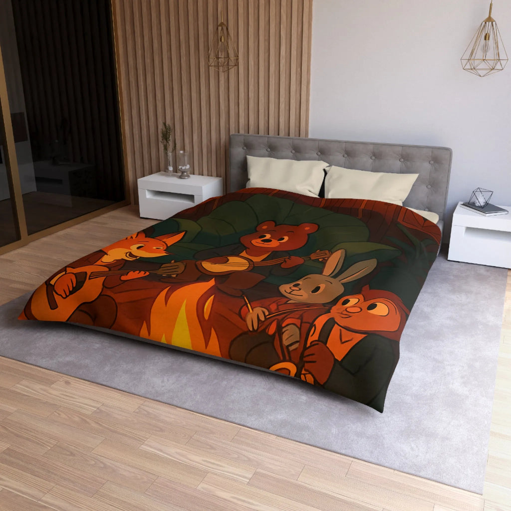 Housse de Couette Animaux Musiciens Autour Feu de Camp Ambiance Cosy pour Chambre Enfant
