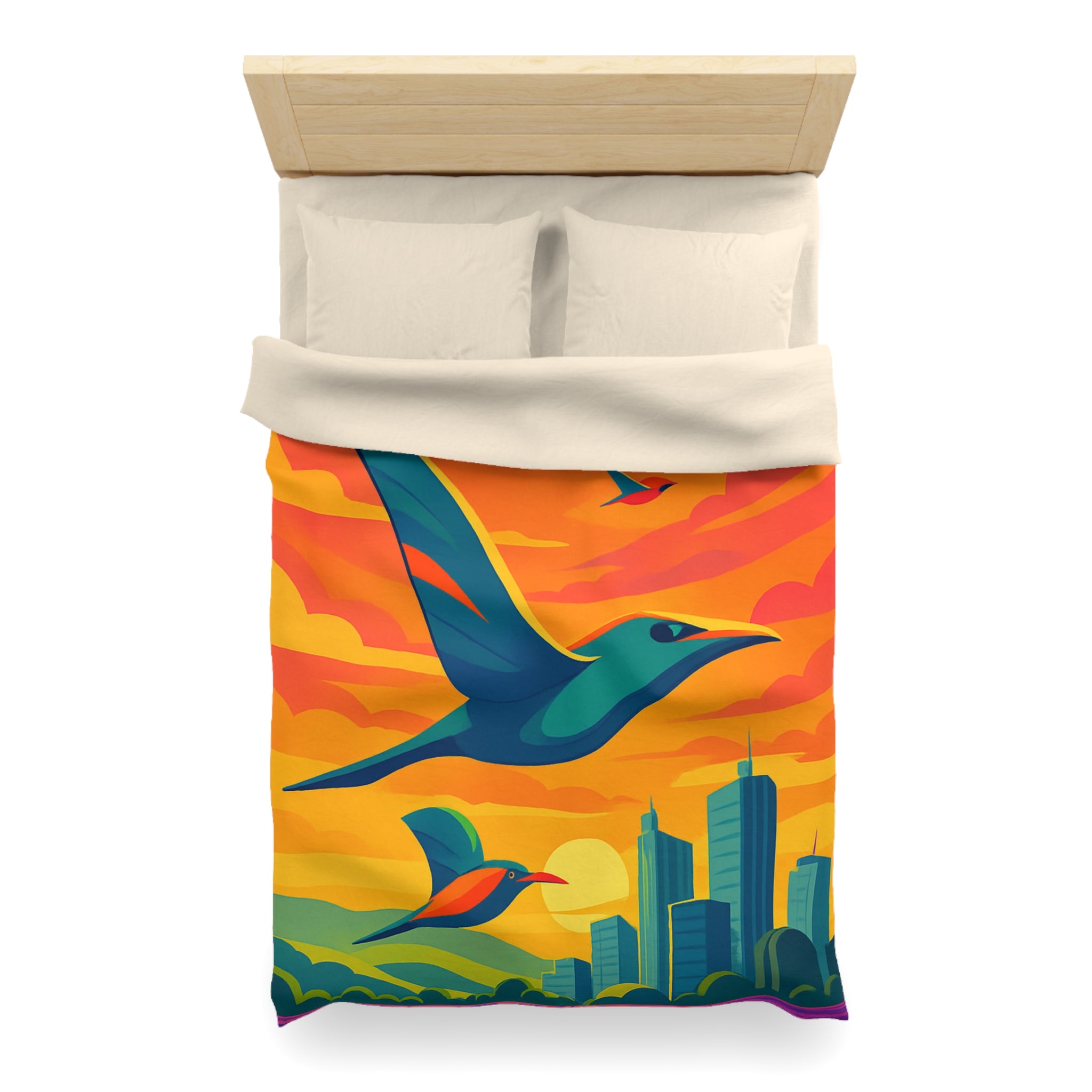 Housse de Couette Vibrante avec Oiseaux Volant au-dessus Champs et Ville au Crépuscule