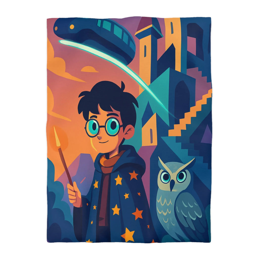 Housse de couette magique avec motif de garçon sorcier et hibou lumineux
