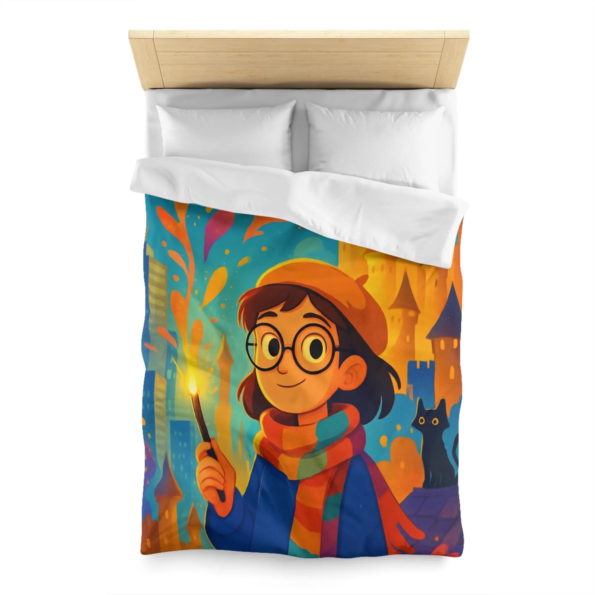 Housse de Couette Éclatante: Jeune Magicienne aux Couleurs Vives et Château Mystérieux