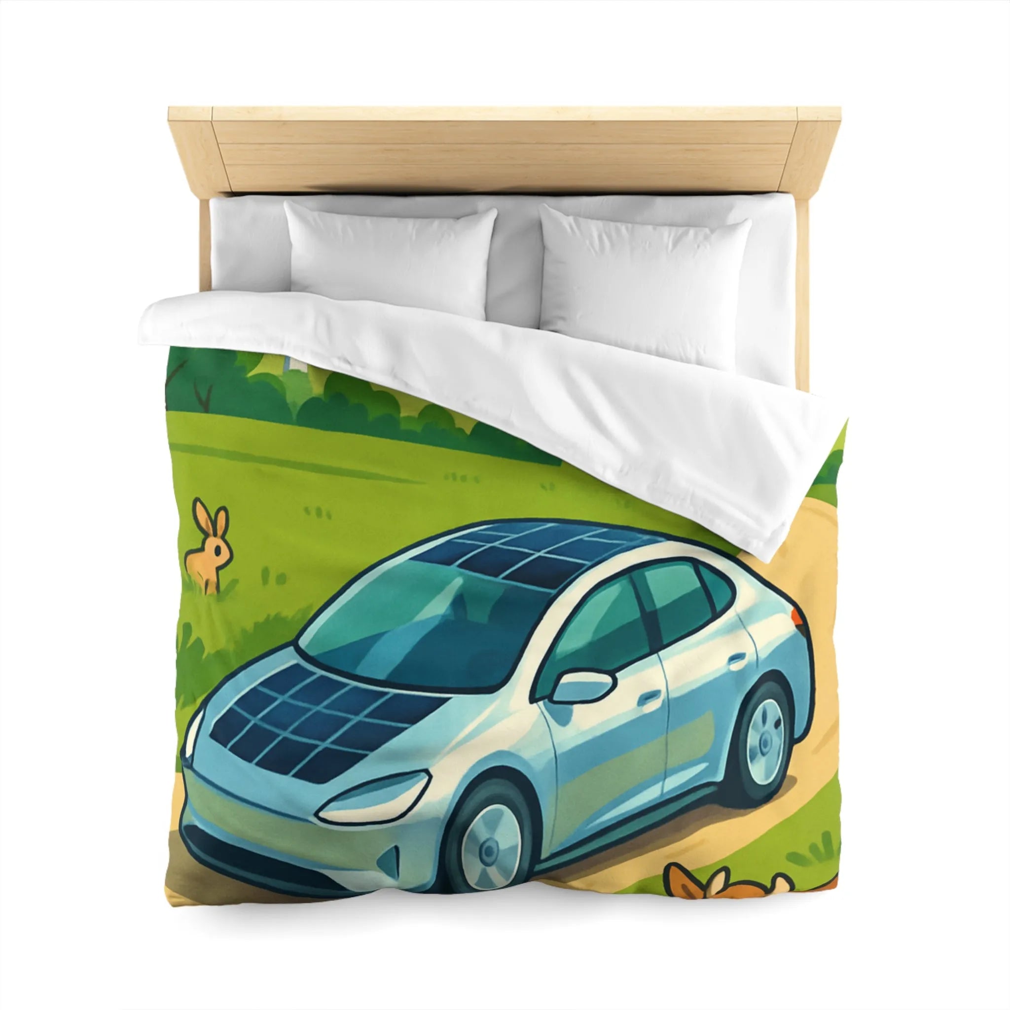 Housse de couette écologique avec voiture solaire, éoliennes et animaux dans la nature
