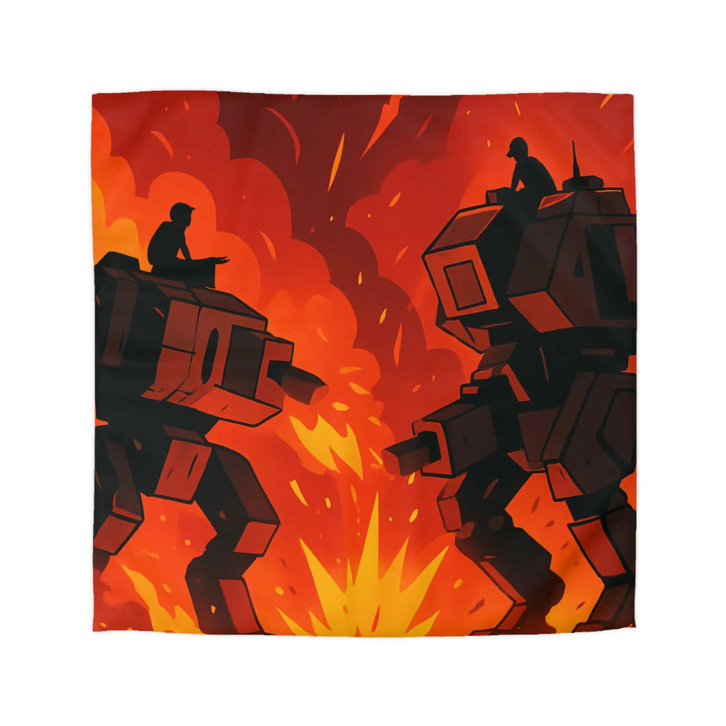 Housse de couette avec robots géants dans un duel épique sous ciel enflammé