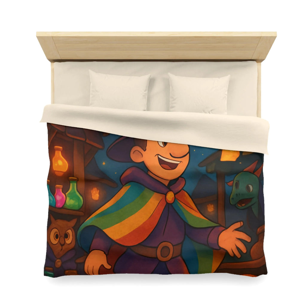 Housse de couette magique avec envoûtant motif de sorcier, dragon et livres enchantés