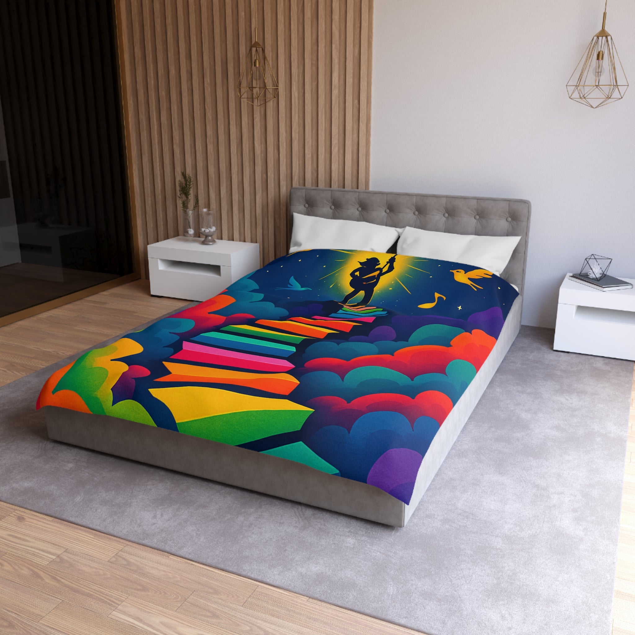 Housse de Couette Rêve d'Escalier Arc-en-Ciel avec Musicien et Oiseaux Colorés