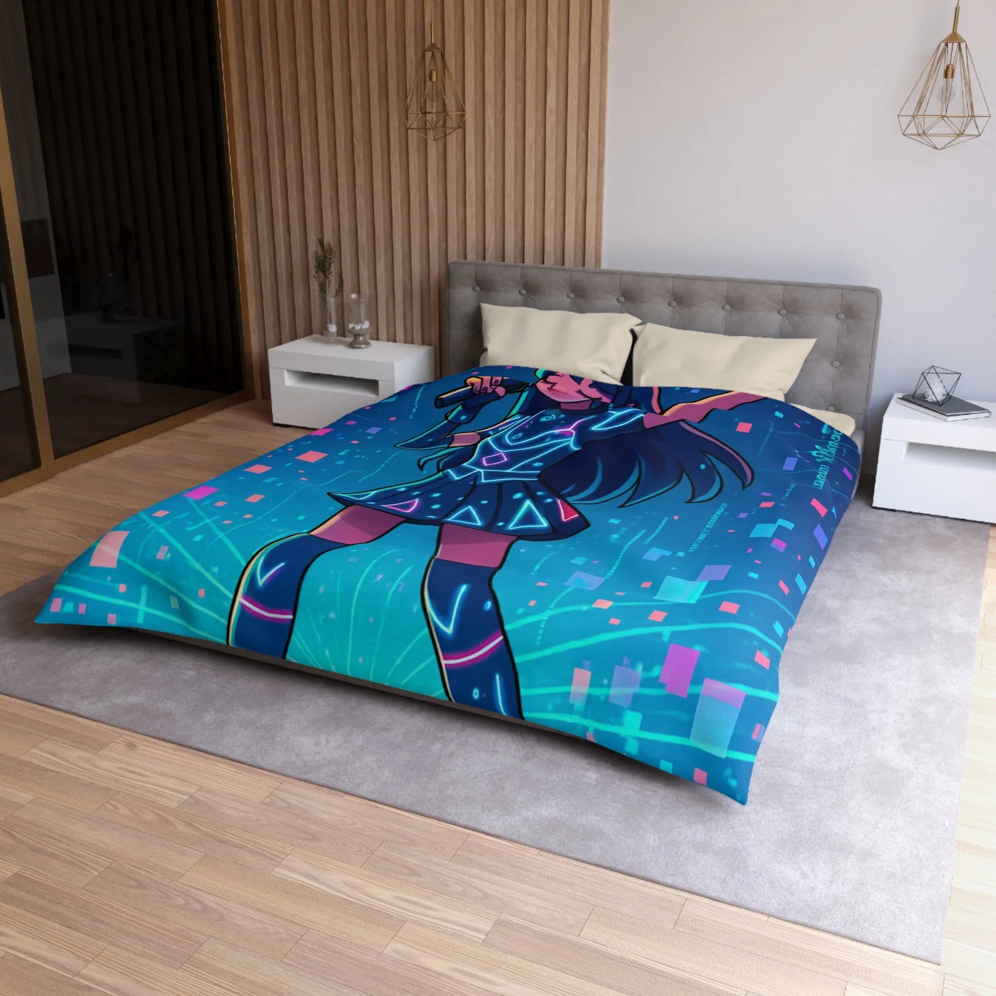 Housse de Couette Fille Chanteuse Néon Style Futuriste Graphiques Lumineux Bleu Rose