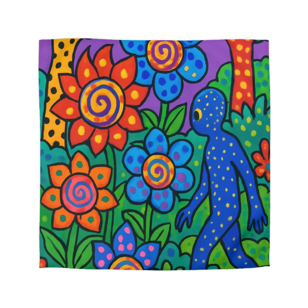 Housse de couette joyeuse avec motifs floraux et créature colorée en jungle vibrante