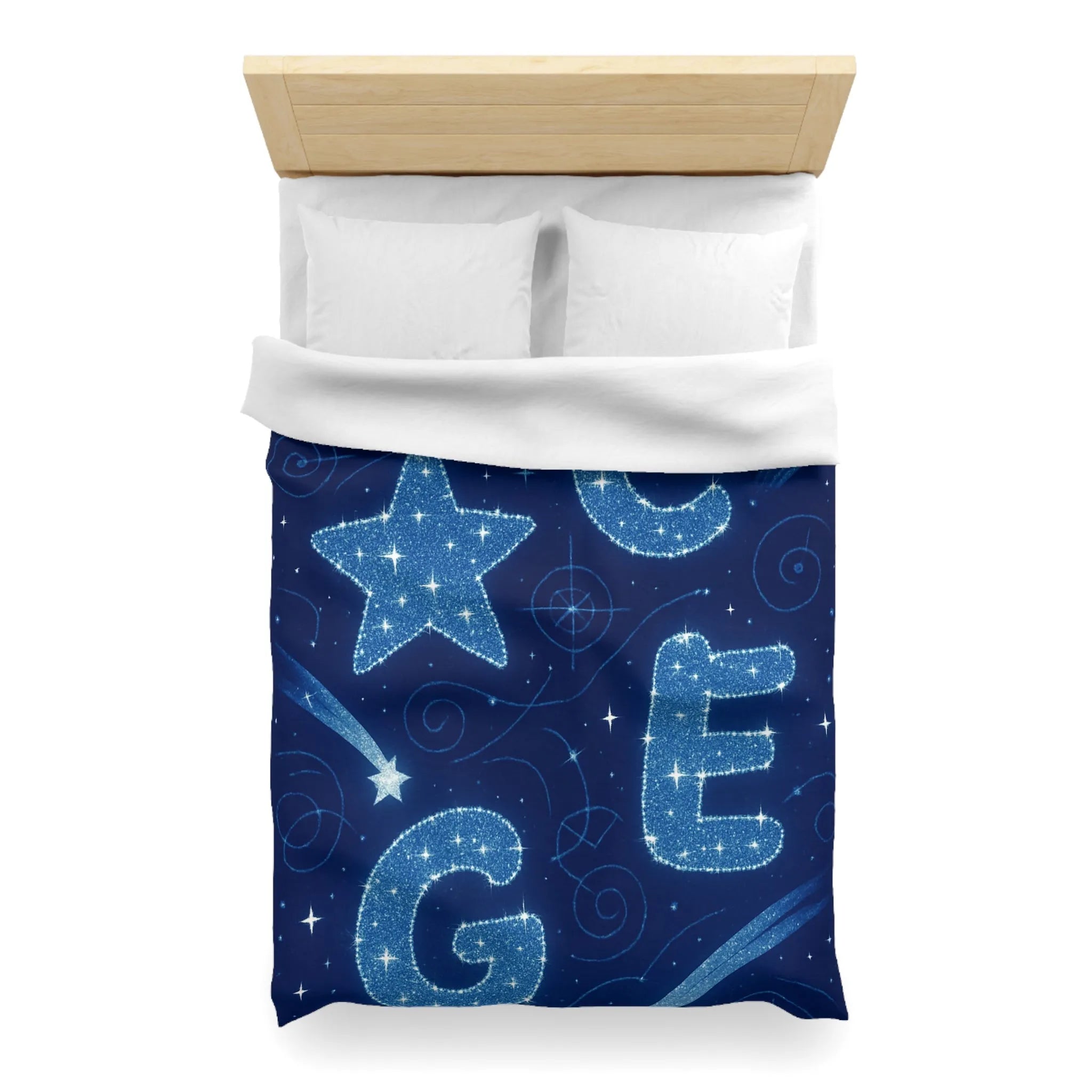 Housse de couette espace étoilé avec lettres scintillantes et planètes en arrière-plan