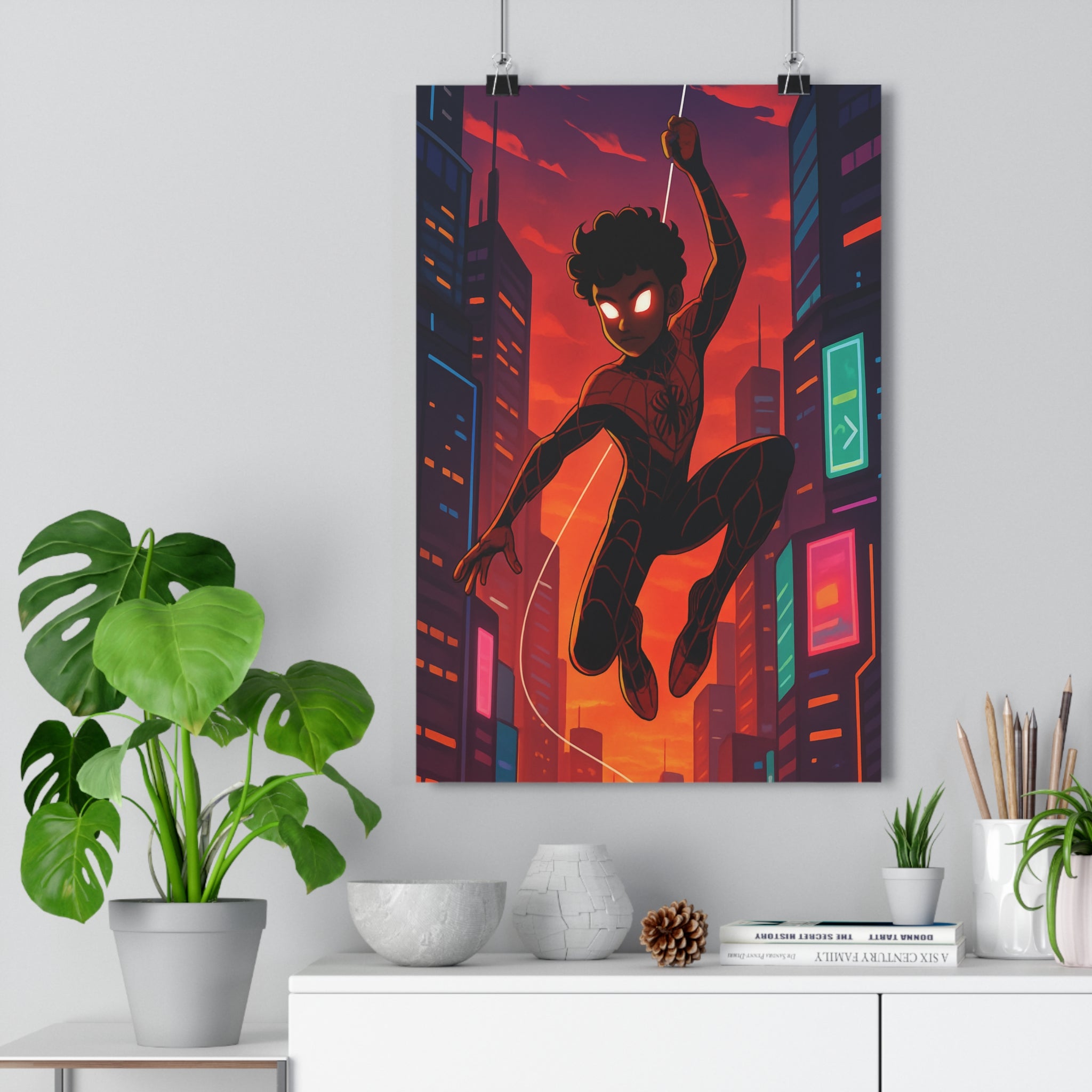 Poster décoratif héros arachnide rouge noir cartoon vibrant chambre enfant moderne ambiance dynamique aventure