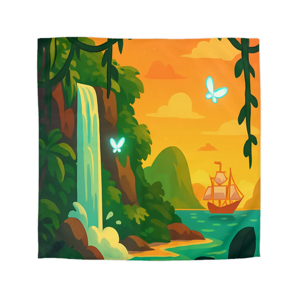 Housse de couette exotique avec cascade, papillons lumineux et bateau au coucher du soleil