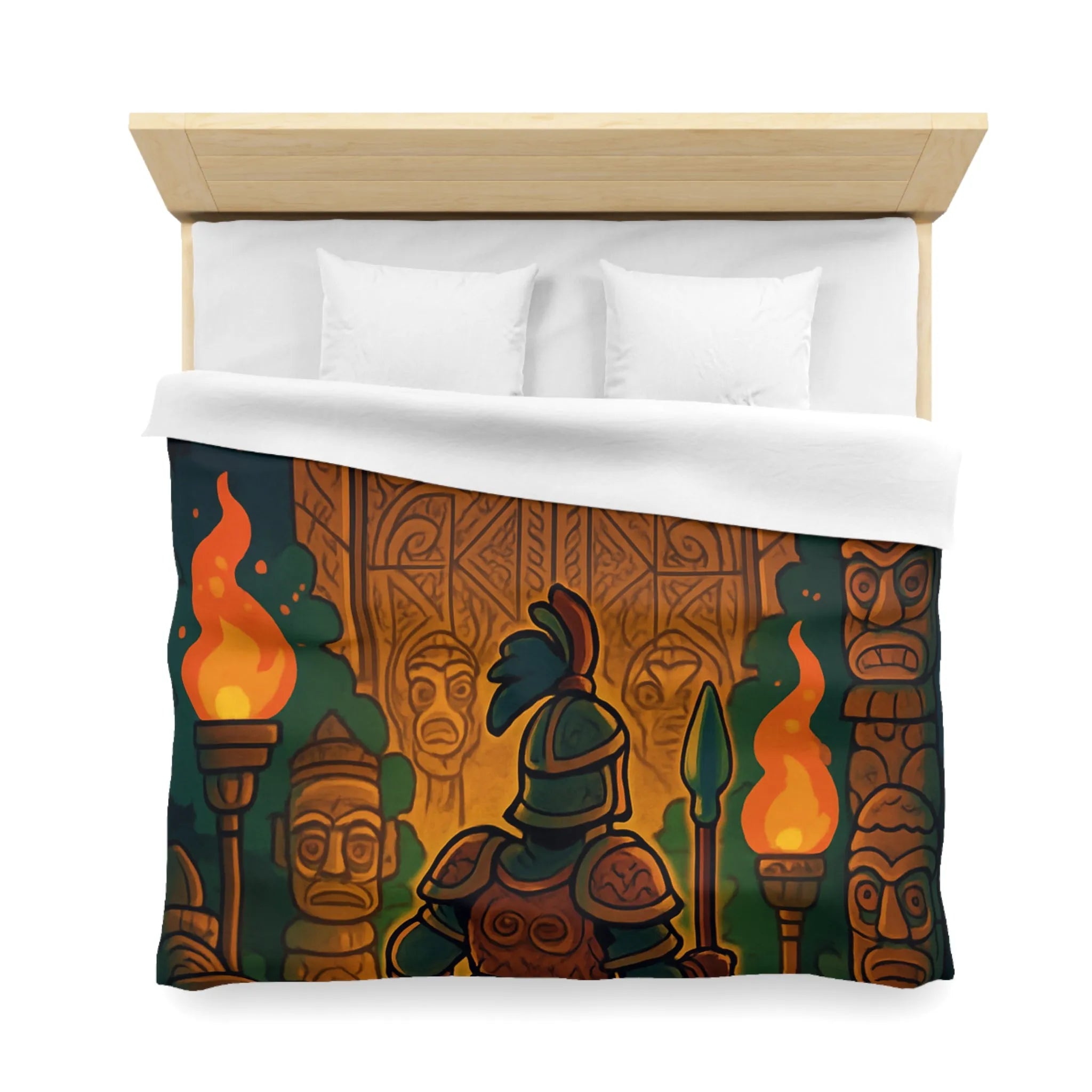 Housse de couette guerrier devant porte mystique avec torches et statues anciennes