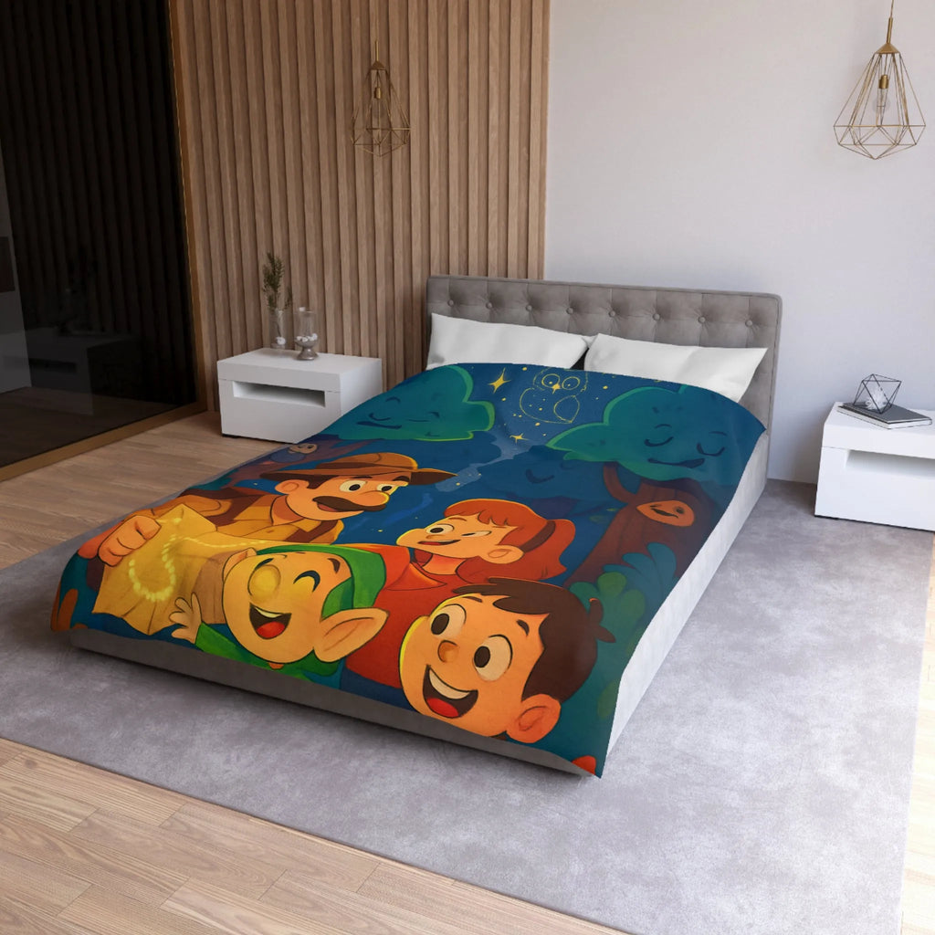 Housse de Couette Enfant Illustrée: Aventure Nocturne en Forêt avec Constellations Magiques