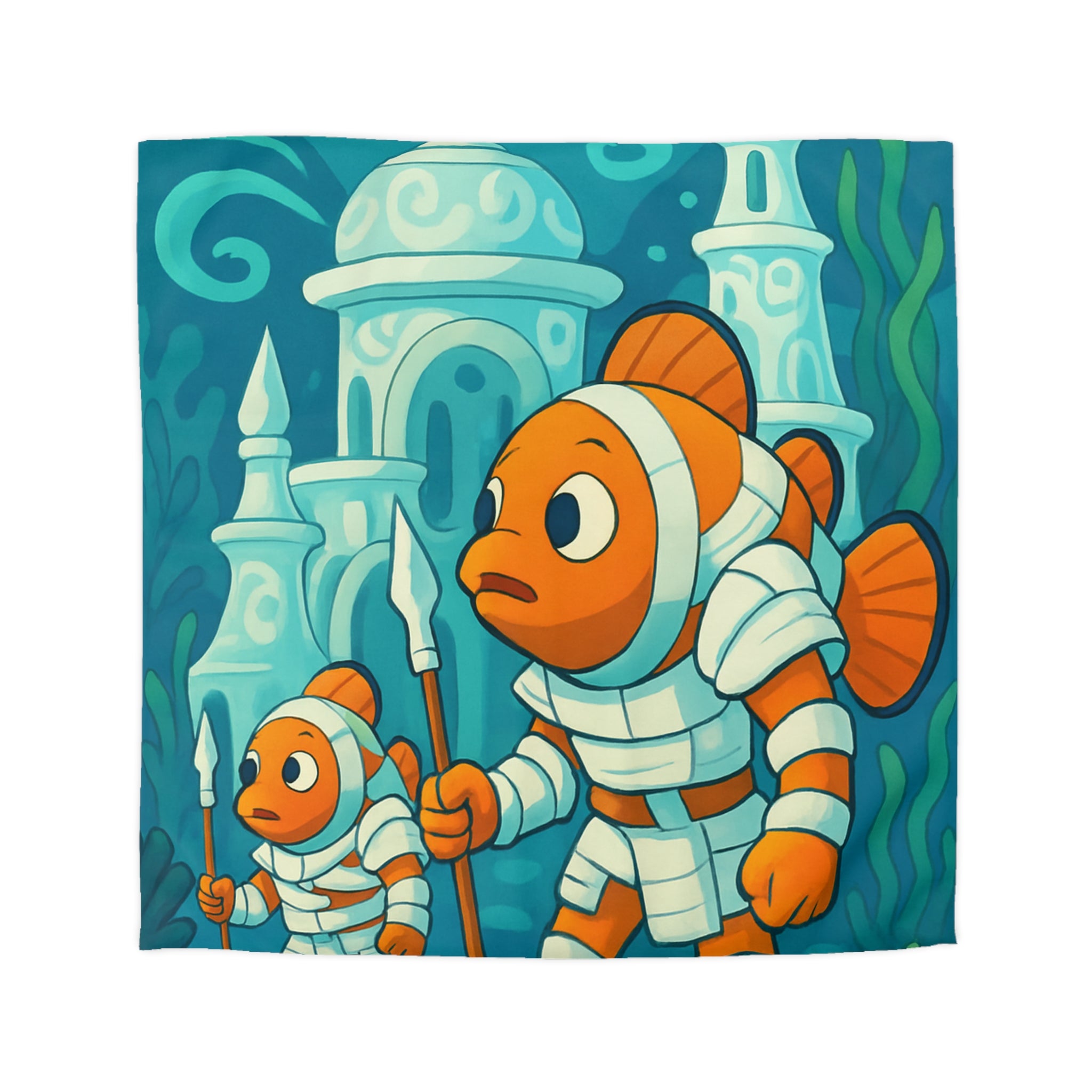 Intriguante housse de couette poissons en armure explorant un royaume sous-marin magique