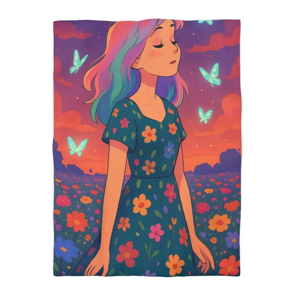 Housse de couette artistique avec fille et papillons dans champ fleuri vibrant