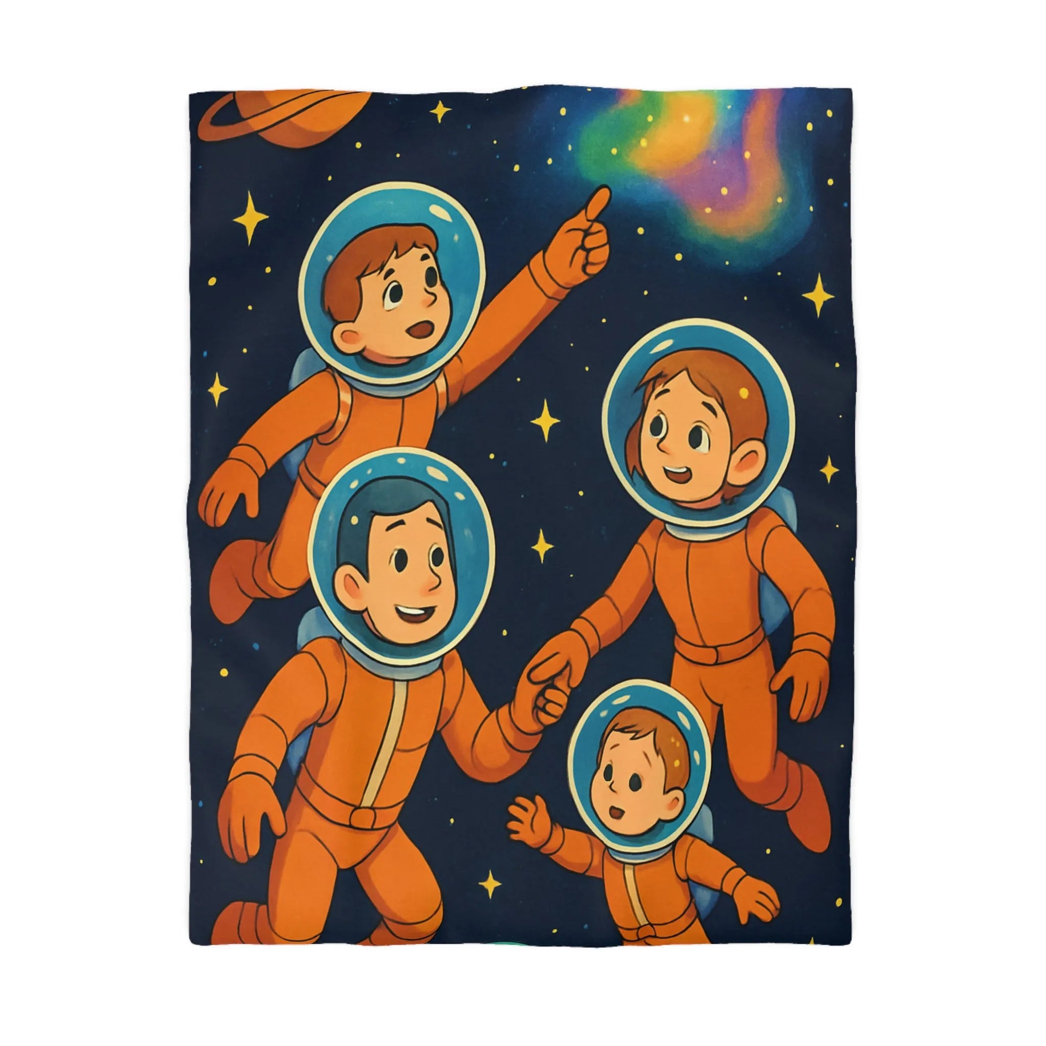 Explorez l'univers avec une adorable famille d'astronautes sous un ciel étoilé coloré