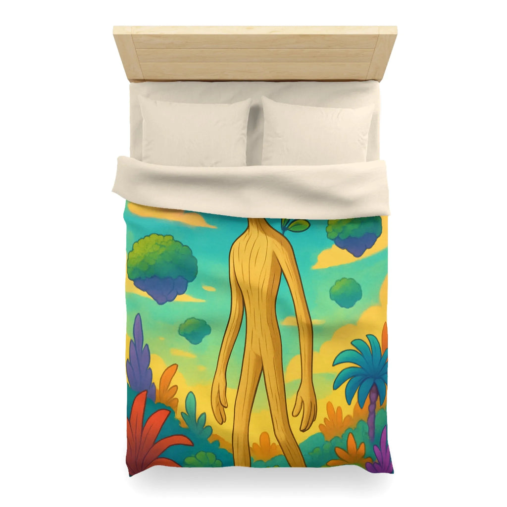 Housse de couette enchanteresse avec paysage coloré, créature en bois et papillons