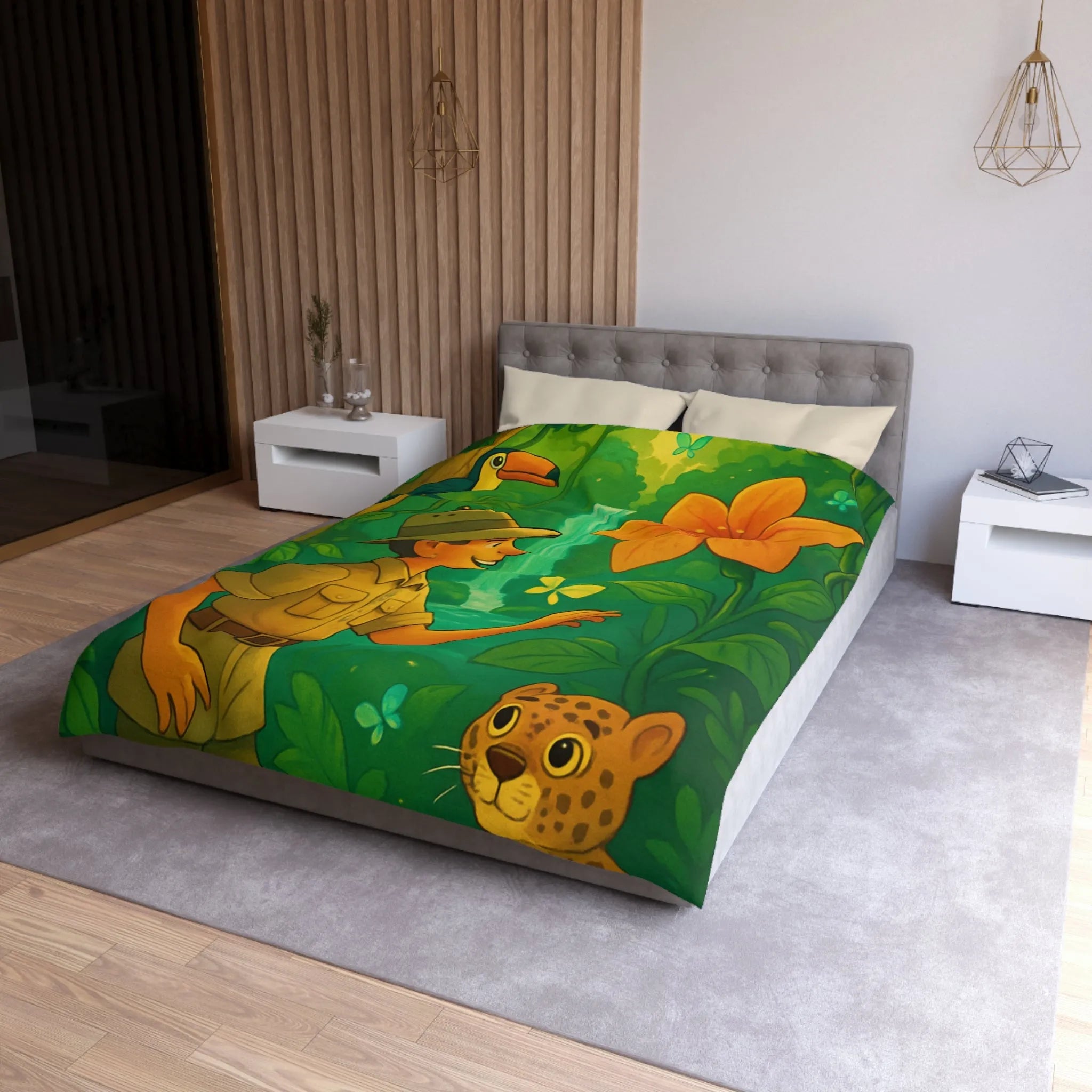 Housse de Couette Jungle Colorée avec Explorateur, Toucan, Léopard et Cascade Enchantée