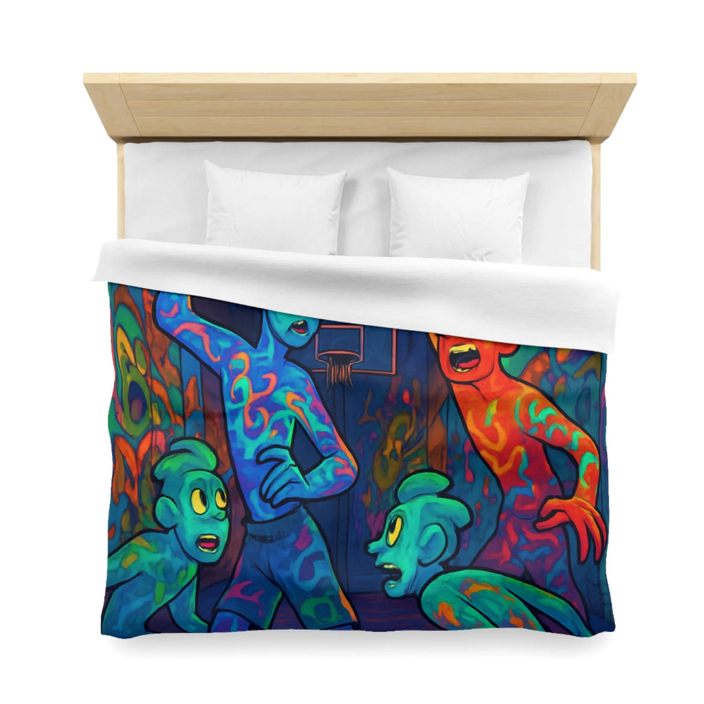 Housse de couette colorée avec personnages abstraits jouant au basket la nuit