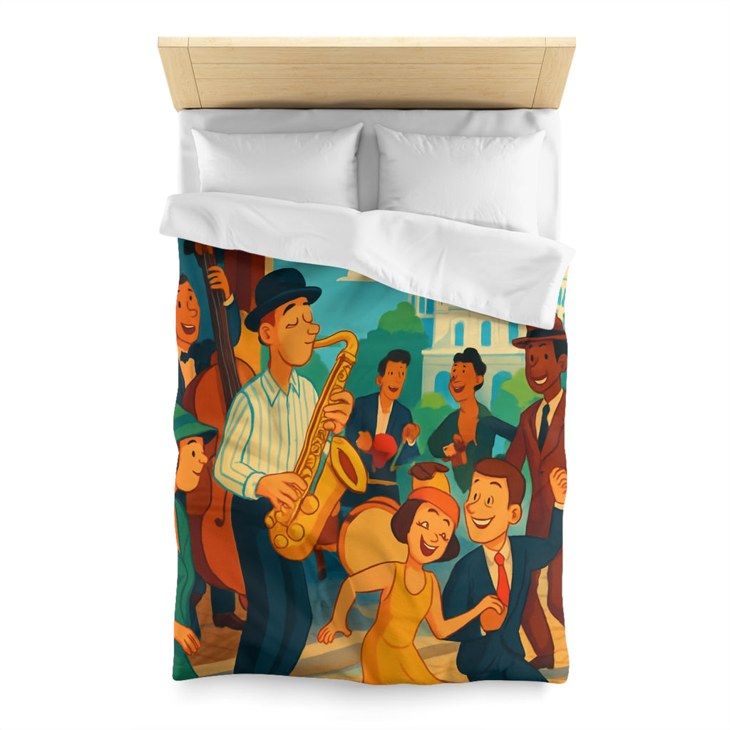 Housse de couette vintage avec scène de musique jazz animée et danse joyeuse