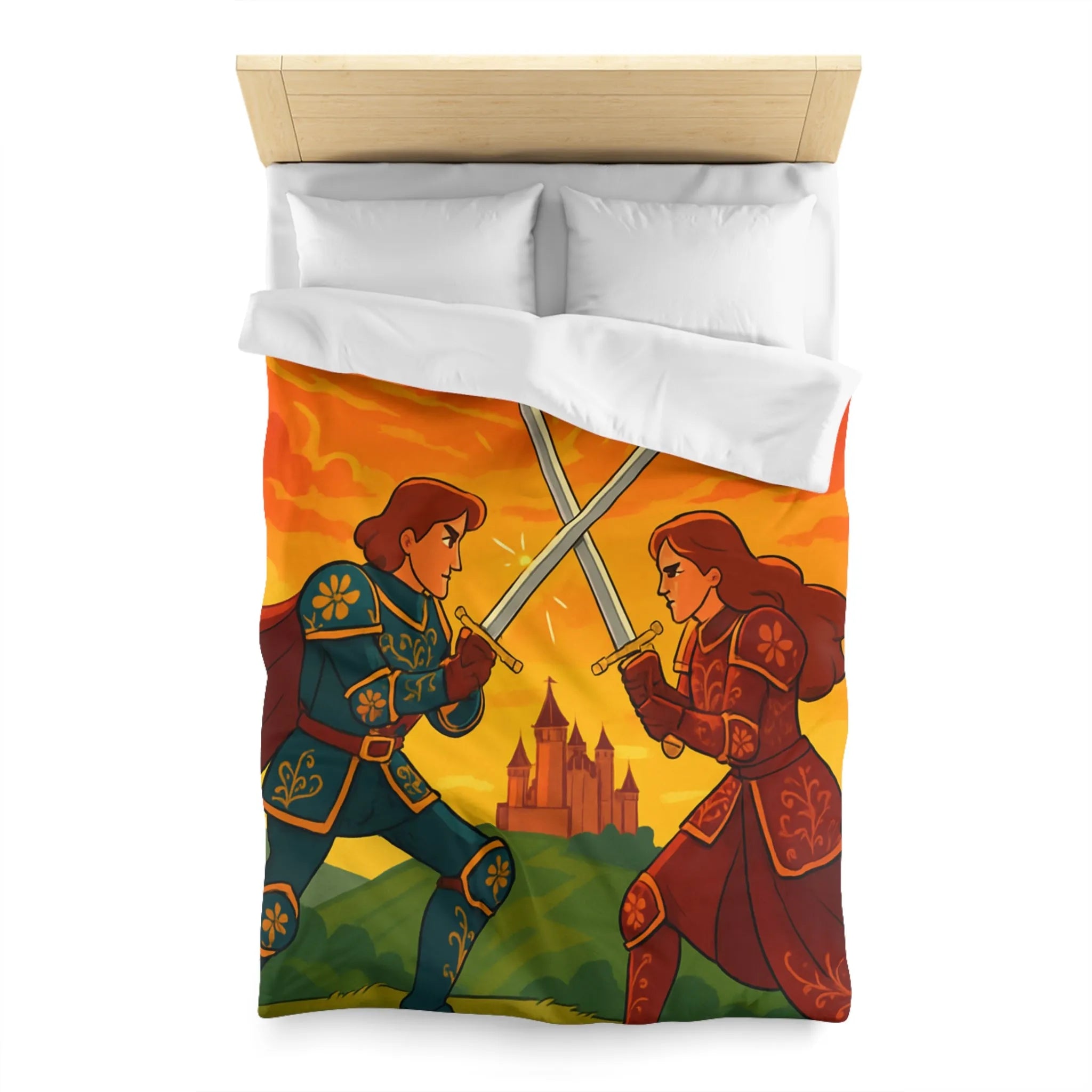 Épique housse de couette avec chevaliers médiévaux, châteaux et ciel flamboyant