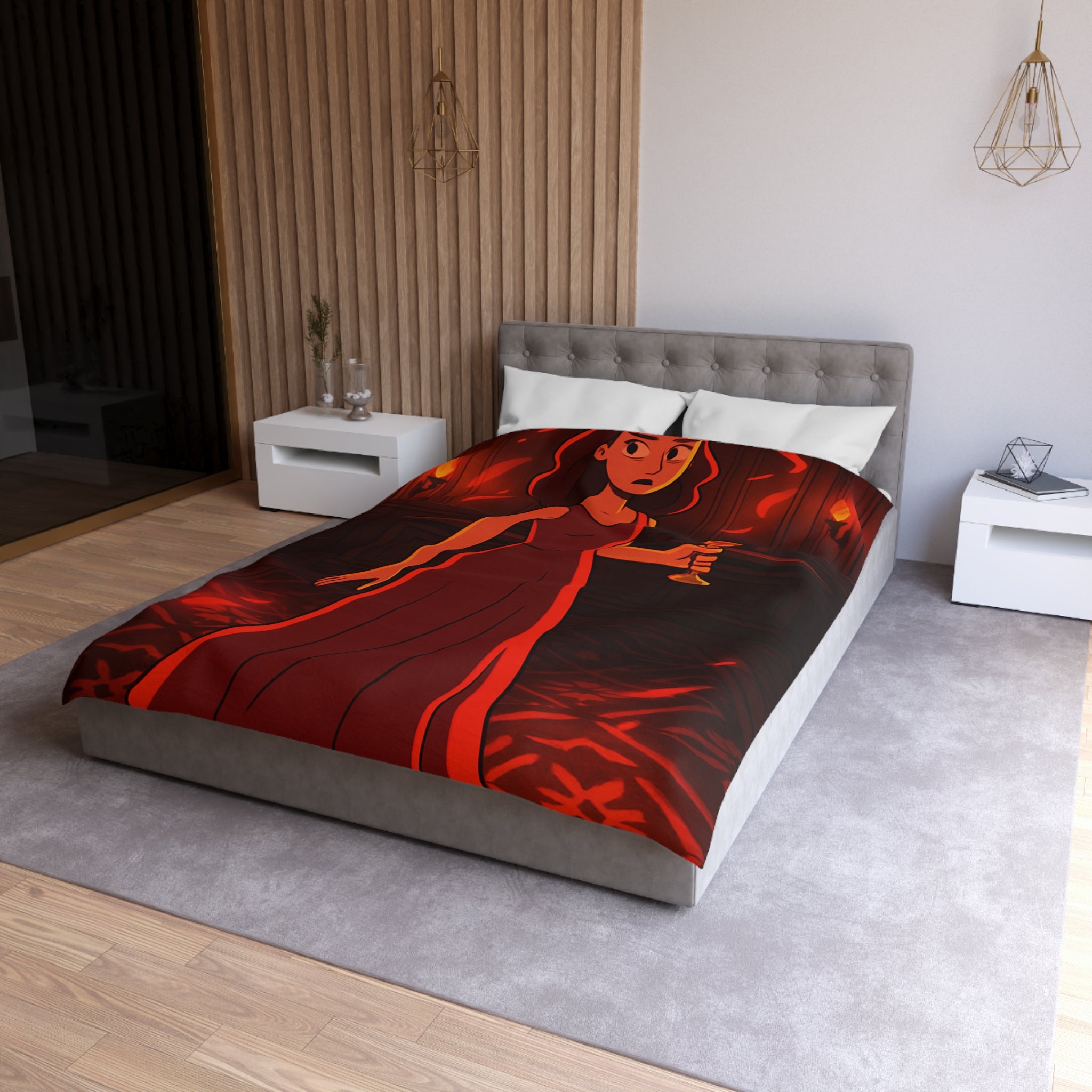 Housse de couette rouge élégante avec motif femme et reflets lumineux mystérieux