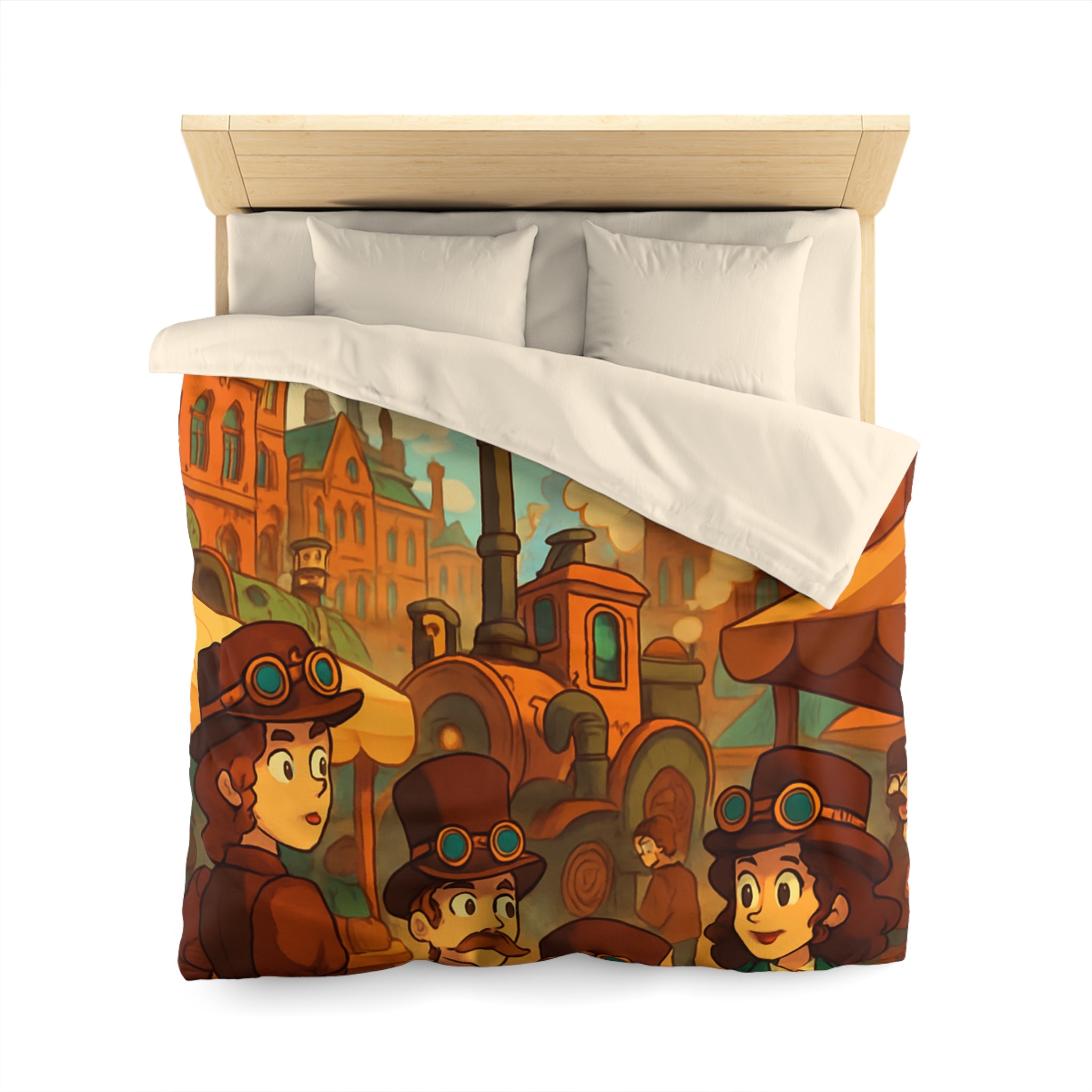 Housse de couette steampunk rétro avec famille, dirigeables et ville victorienne animée