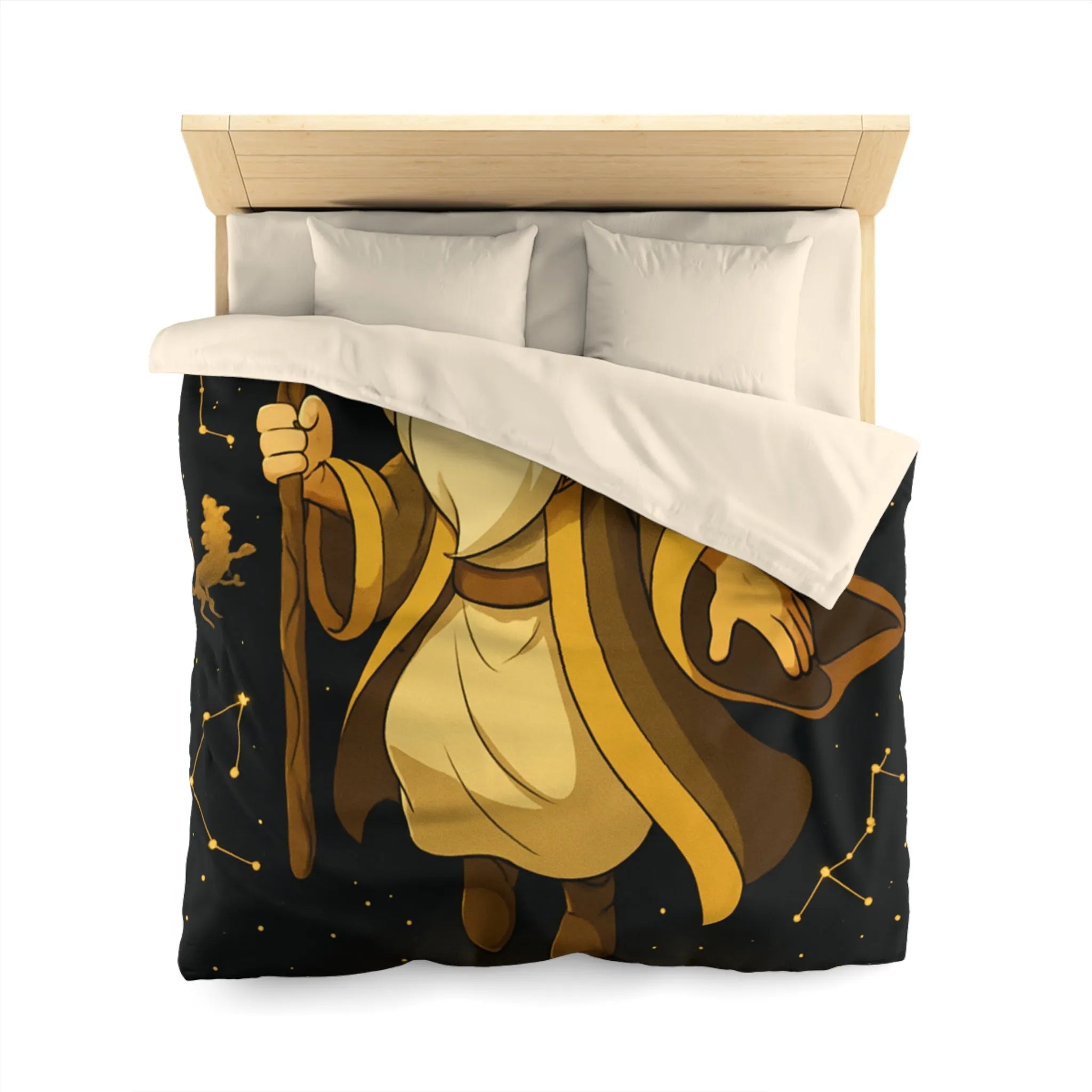 Housse de couette avec magicien illuminé et constellations dorées pour chambres enchantées