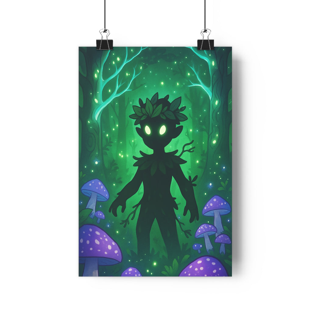 Poster décoratif forêt enchantée créature mystique violet vert cartoon féerique chambre enfant magique ambiance