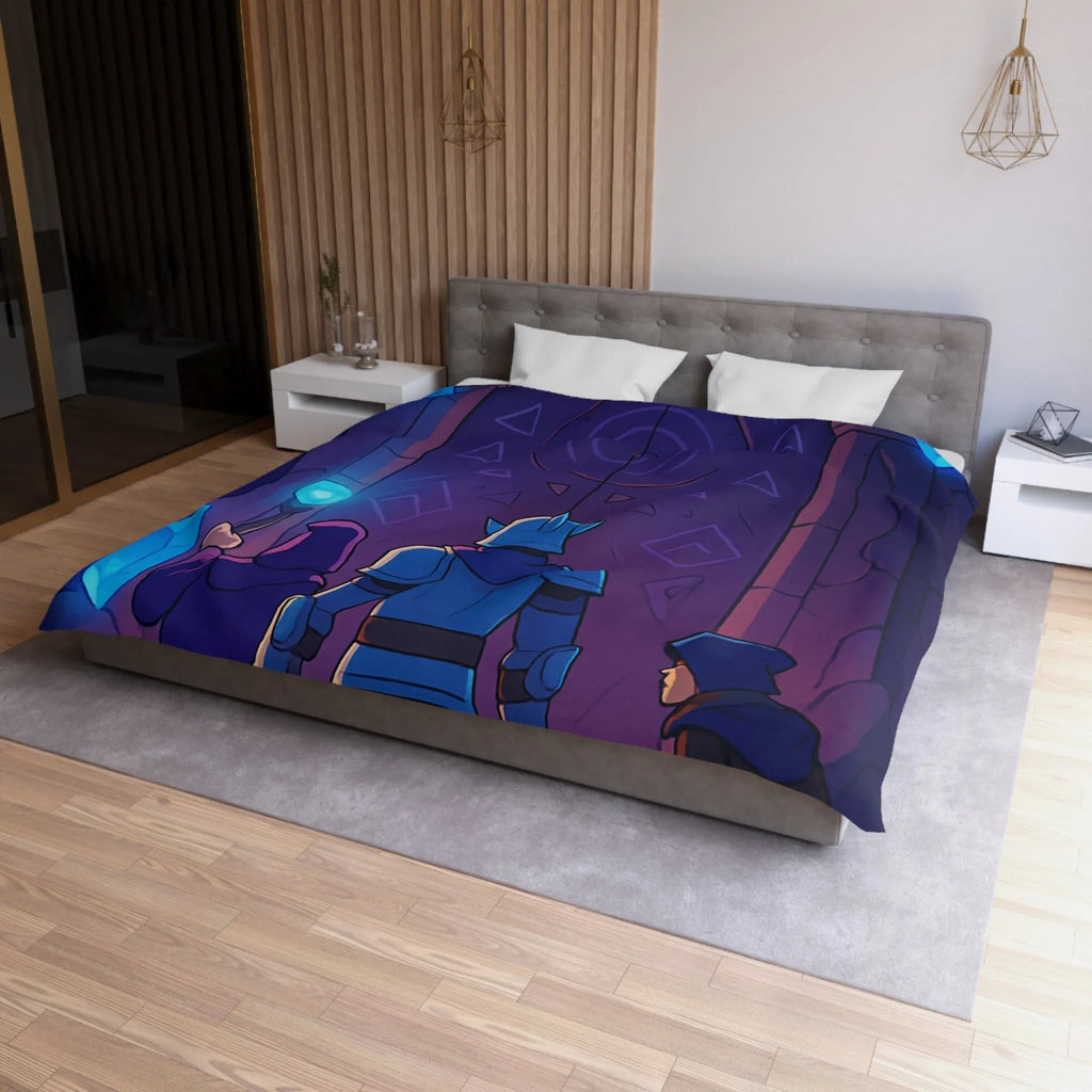 Housse de couette médiévale fantasy avec chevalier et magicien devant porte mystique
